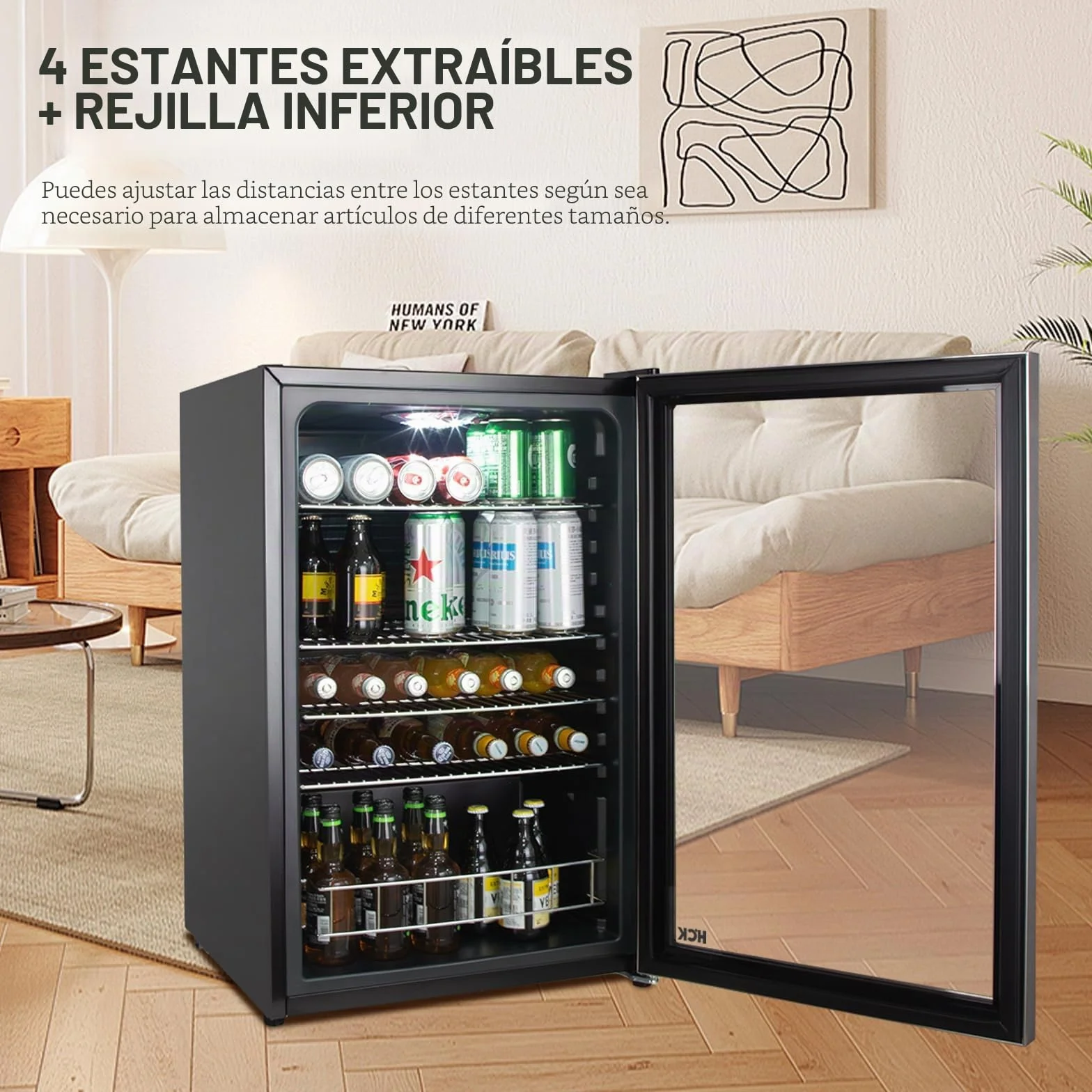HCK Refrigerador de Bebidas Independiente de 115L con Puerta de Vidrio Doble, Temperatura Ajustable de 0-10℃, 4 Estantes Removibles para Cerveza y Bebidas