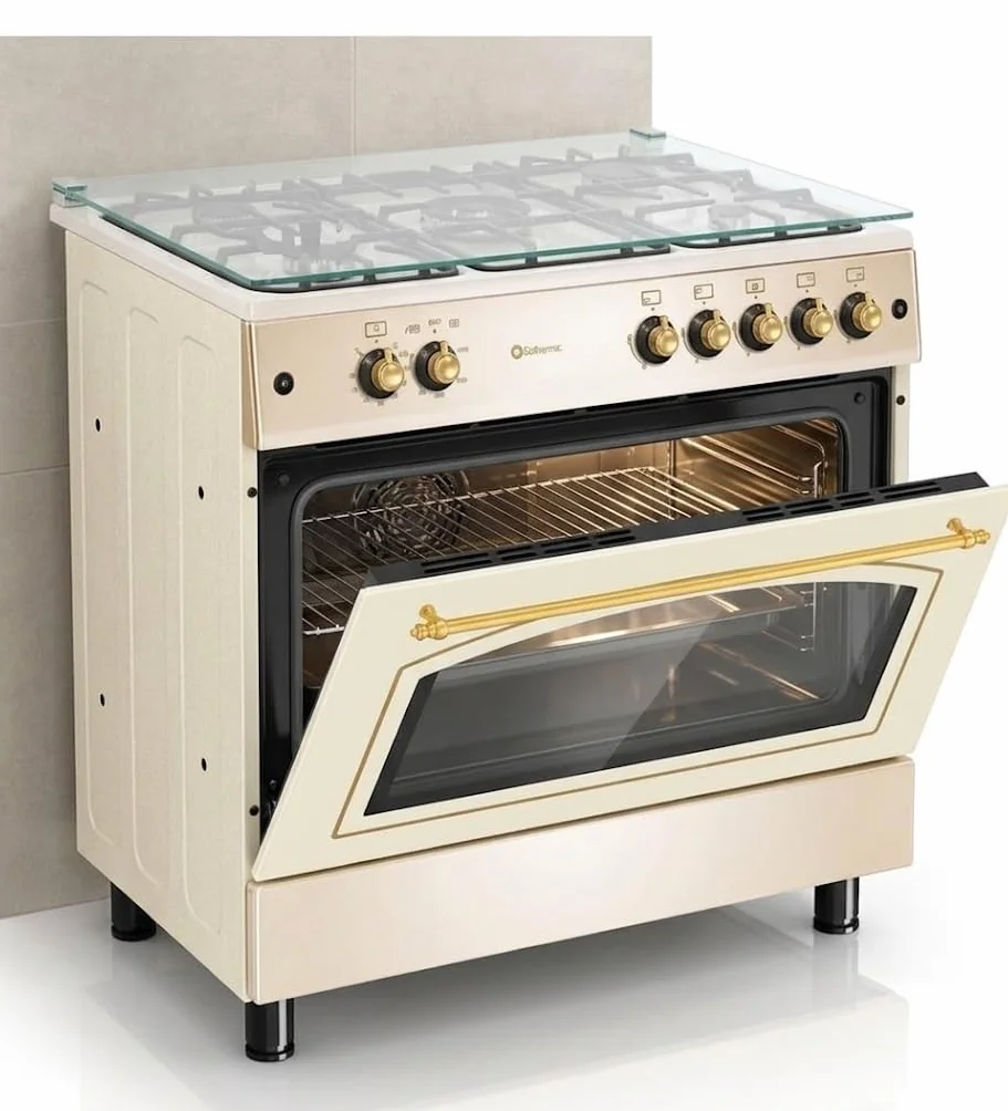 SOLTHERMIC F9L50G2-C COCINA CREMA RUSTICA CON MANDOS DORADOS/ANCHO 90 CMS / 5 FUEGOS/HORNO PANORAMICO 115 L. / GAS BUTANO Y GAS CIUDAD/ENTREGA A DOMICILIO Y RETIRADA DEL USADO GRATIS