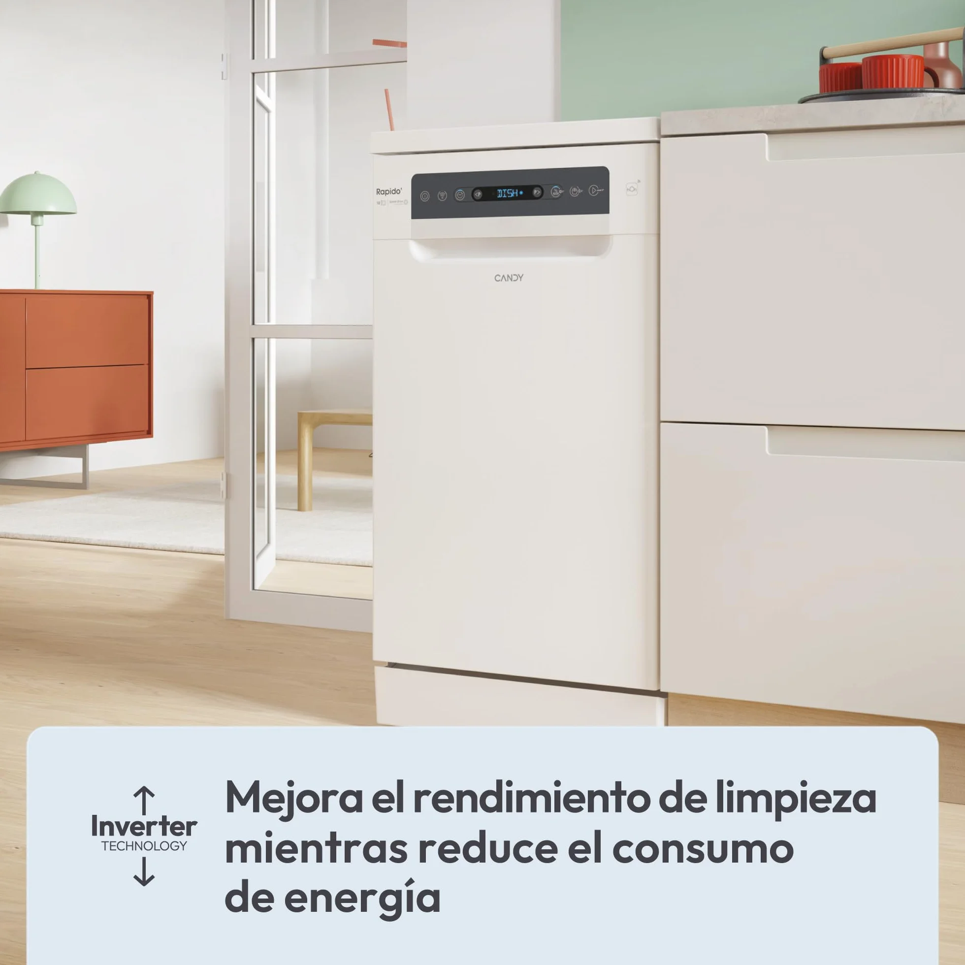 Candy Rapidò CF0C7SB0FW Lavavajillas 45 CM, 10 Servicios, Digital, Wi-Fi, 8 Programas, Tecnología Antibacterias, 47DB, Indicador Sal y Abrillantador, Cesto Superior Ajustable, Inicio Diferido, Blanco