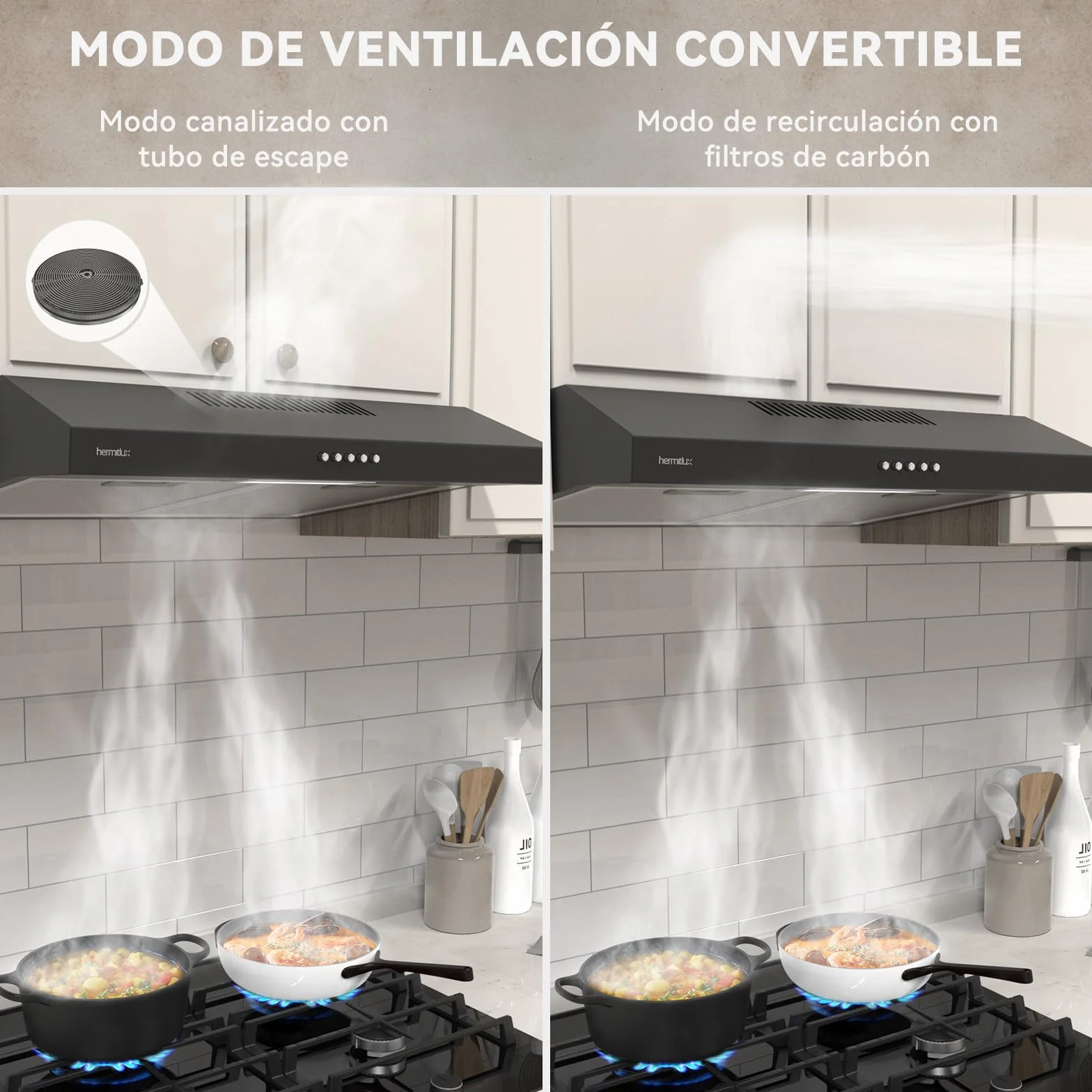 Hermitlux Campana Extractora de 60cm, 200m³/h, Evacuación/Recirculación, Iluminación LED, Incluye Filtro de Carbón Activado, Acero Inoxidable Negro