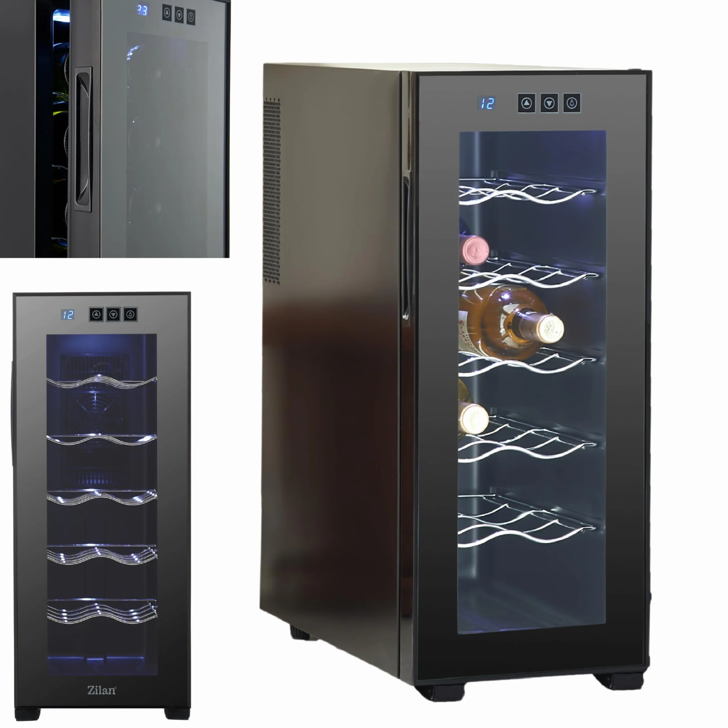 Zilan Refrigerador para vino, independiente, silencioso, 12 botellas, 33 litros, luces LED, enfriador de vino, armario pequeño con clima de vino, mini nevera, minibar con puerta de cristal