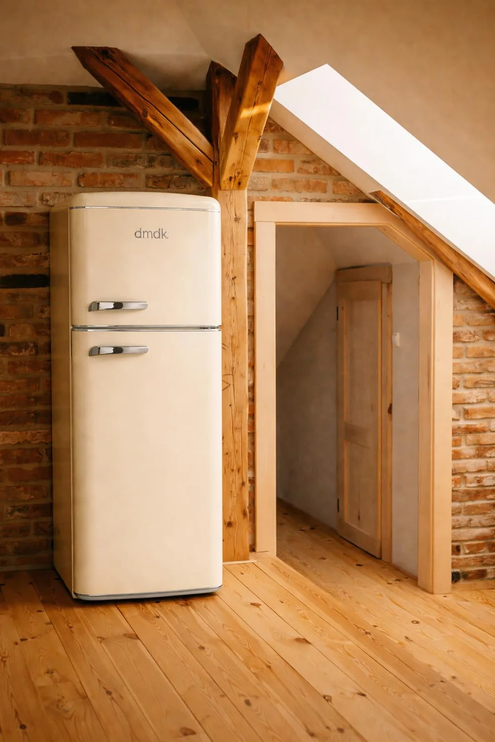 DMDK DKC2 Independiente Refrigerador/Congelador, 206 L Contenido neto, 4 estantes ajustables, bandeja grande para verduras, crema, clase energética E