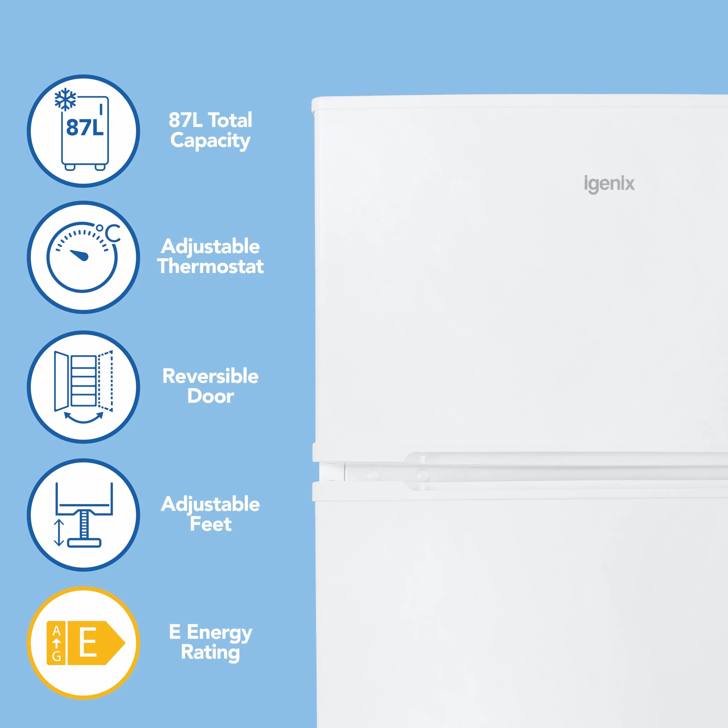 Igenix Ig347 Ancha autoportante Debajo del congelador de refrigerador con 2 estantes y 1 cajón Ensalada, Puerta Reversible, 47 cm, Color Blanco