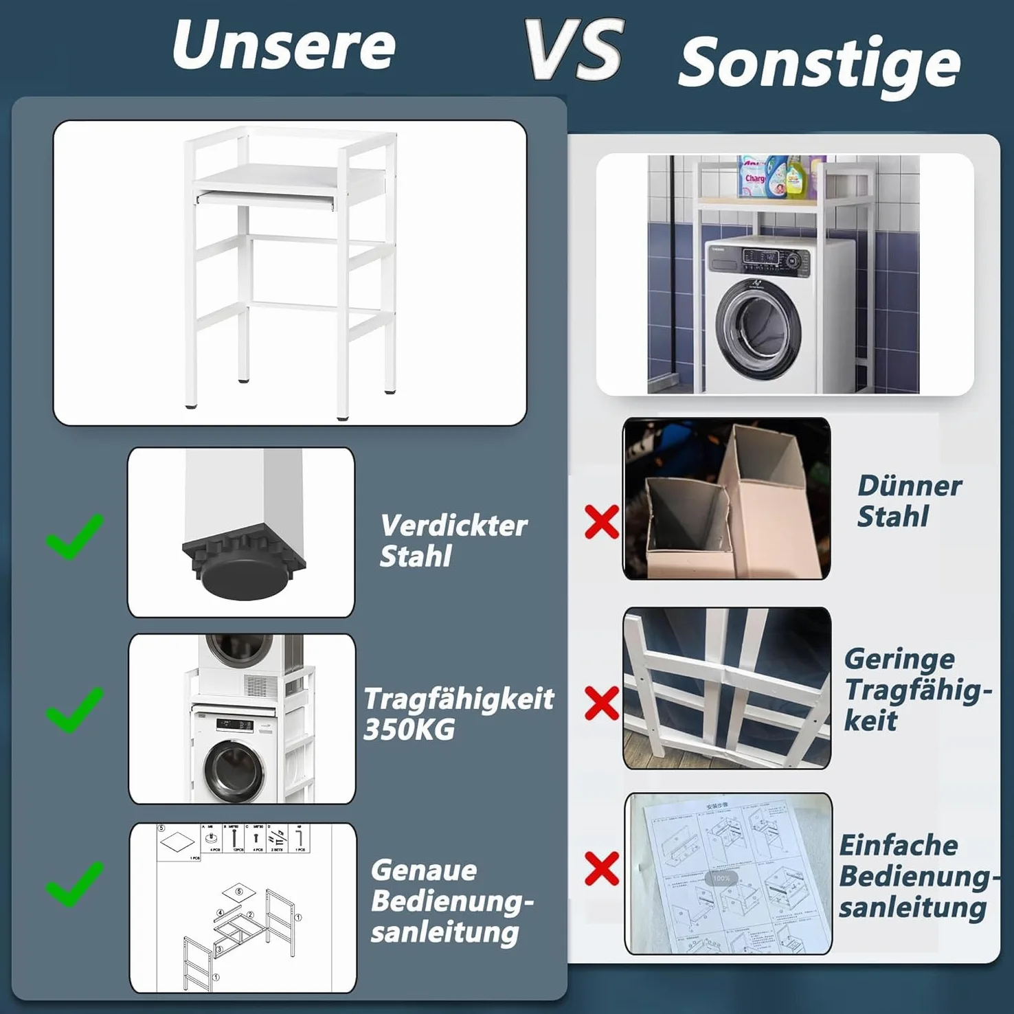 MSFE Estantería Lavadora con Tablero de Estante, Soporte de Altura Ajustable para Secadora,Universal Kit de Soporte Secadora sobre Lavadora, Capacidad de Carga 350kg,73*64*115cm,Producto Patentado