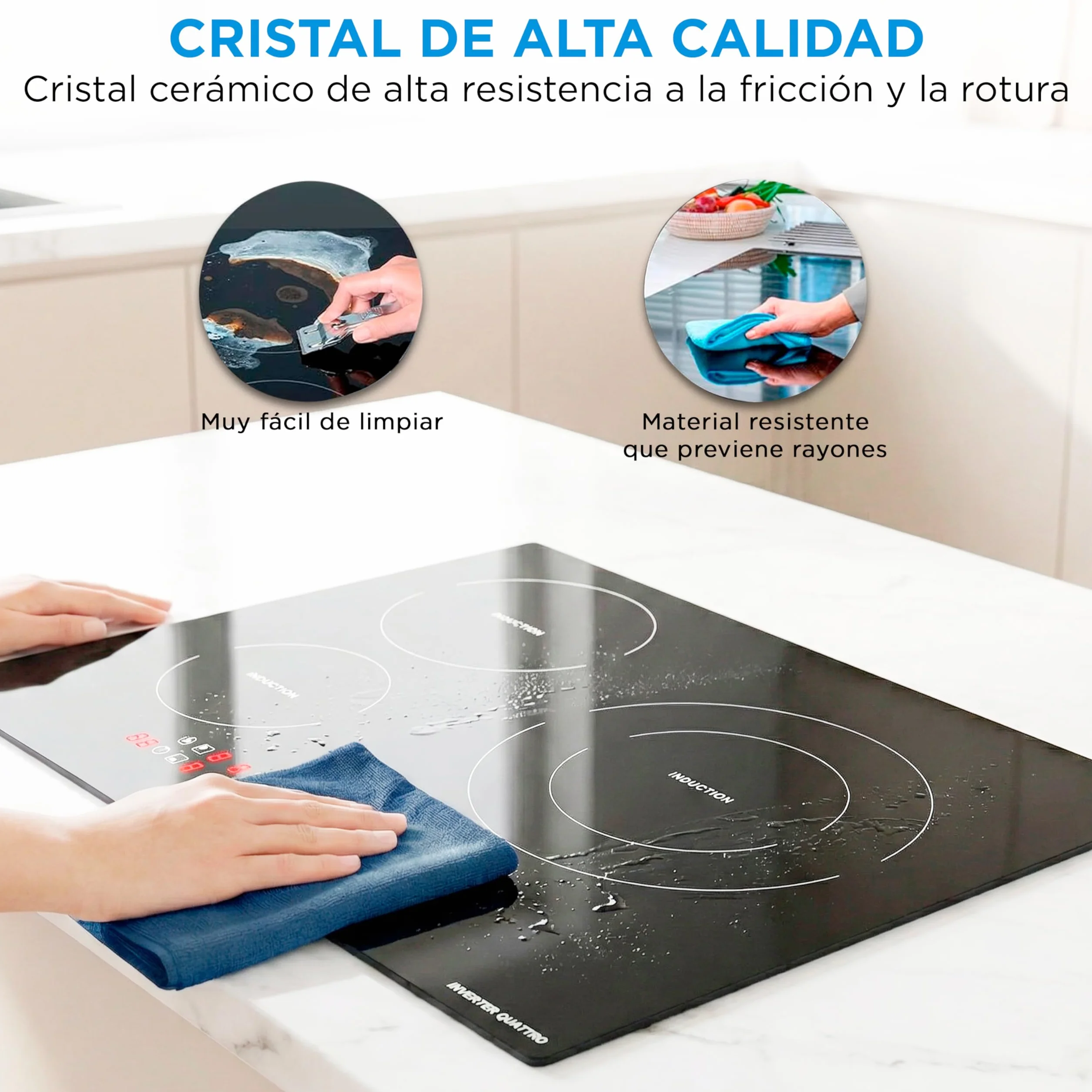 MIDEA Placa Inducción 3 fuegos 60 cm 7200 W - Vitroceramica Induccion Integrada con Panel de control tactil, Inverter quattro, 9 Niveles de Potencia, Booster, Indicador de Luz, y Temporizador.