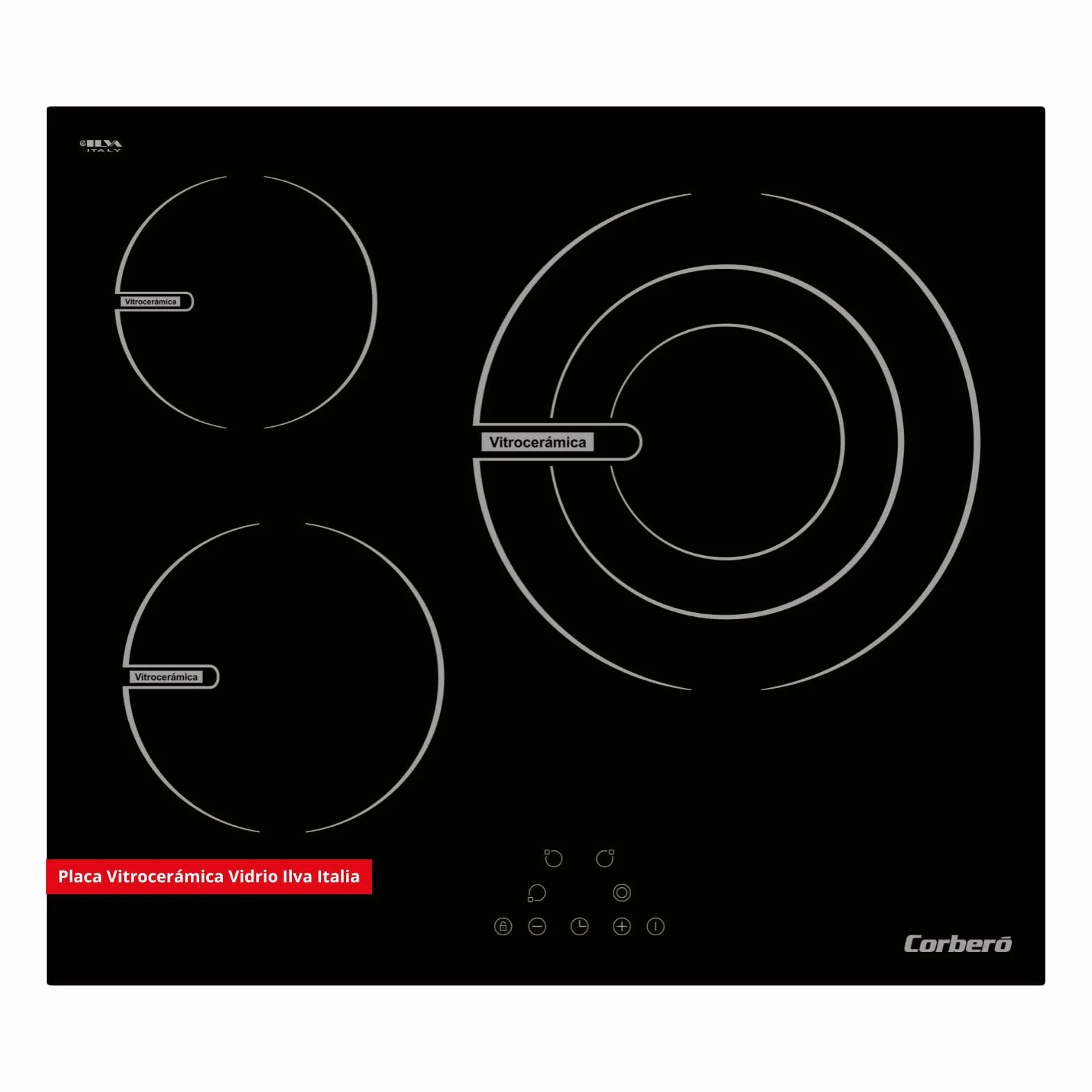 Corberó - Placa Vitrocerámica | CCVG3BL574 | 60 cm | 5700 W | 3 Zonas | Control Touch, Desconexión Automática, Bloqueo Infantil | Negro