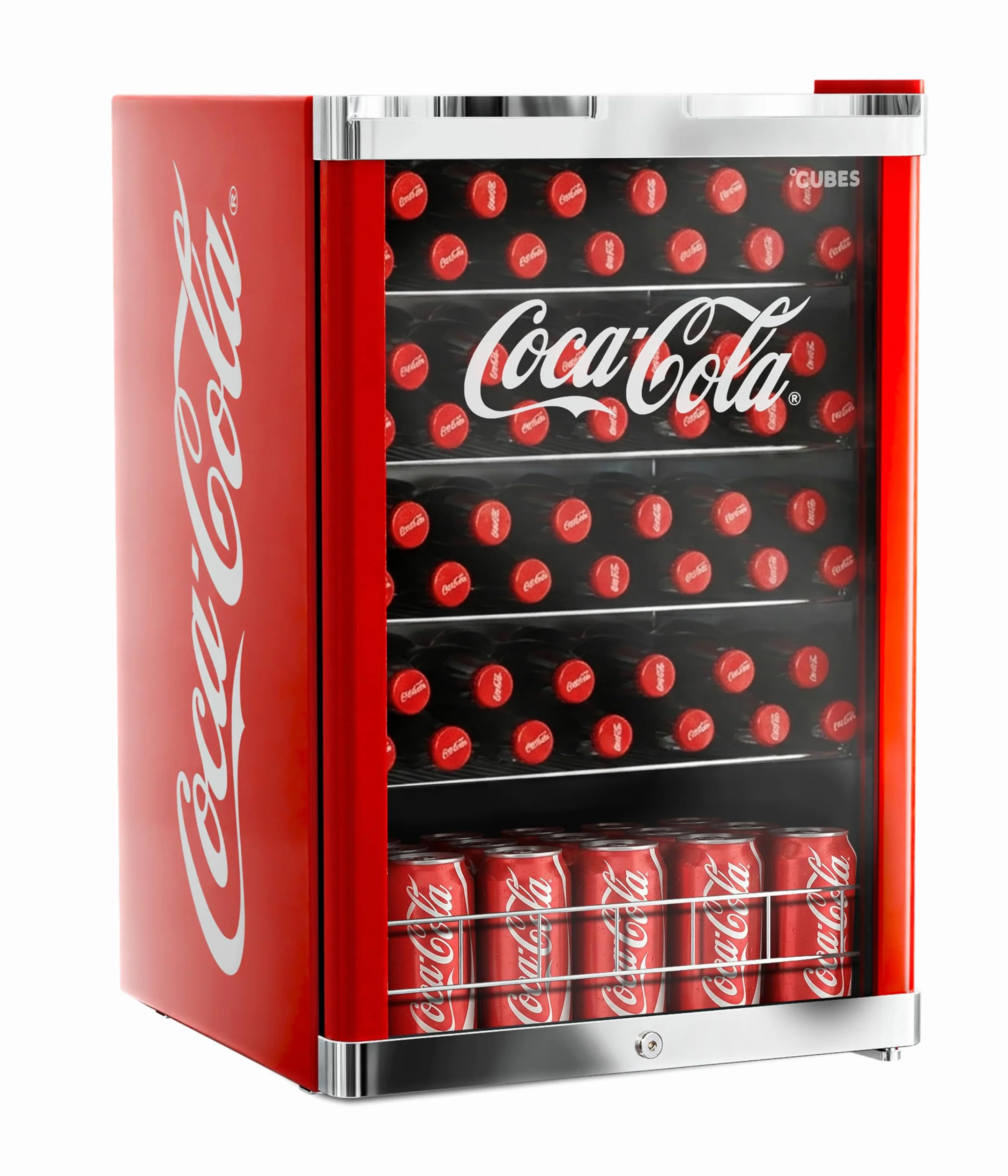 °CUBES Frigorífico Coca Cola de 115 l, refrigerador grande con puerta de cristal, perfecto para fiestas y comercios, eficiencia energética, 84,5 cm de alto, 104 kWh/año, nevera grande para botellas