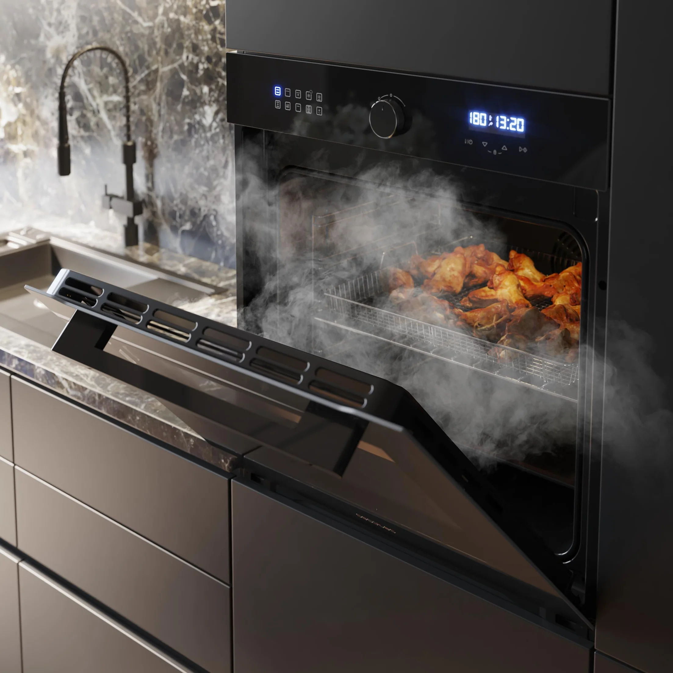 Cecotec Horno Integrable Multifunción 60cm Bolero Hexa AF316000 Glass Black A 3400W, 81L Capacidad, 11 Funciones con Airfryer Master, Pizza Master, Steam Asisst, Steam EasyClean, 3D Cooking, Defrost
