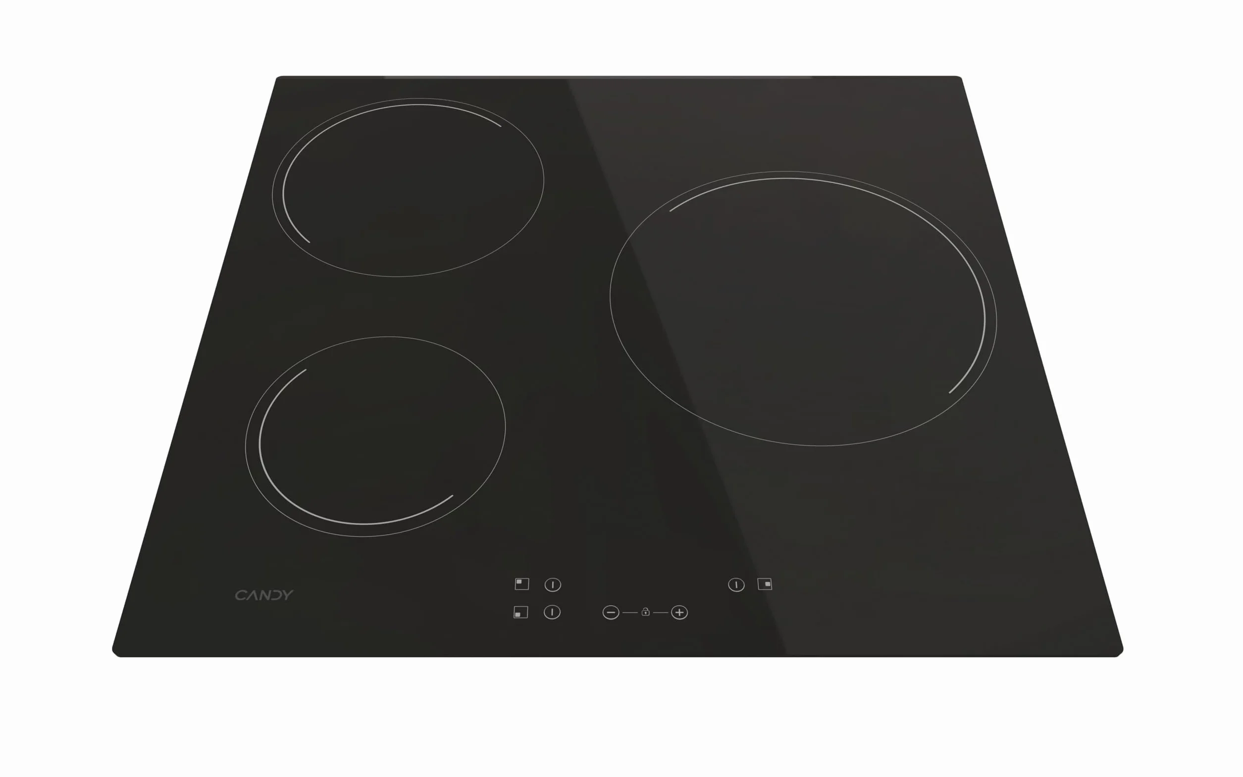 Candy Timeless CH63CC, Vitrocerámica, Tres Zonas, Fuego Grande 25CM, Ancho 59CM, 10 Niveles de Potencia, 5500W, Mandos Centrales, Bloqueo Seguridad, Alerta Sobrecalentamiento y Derrames, Negro
