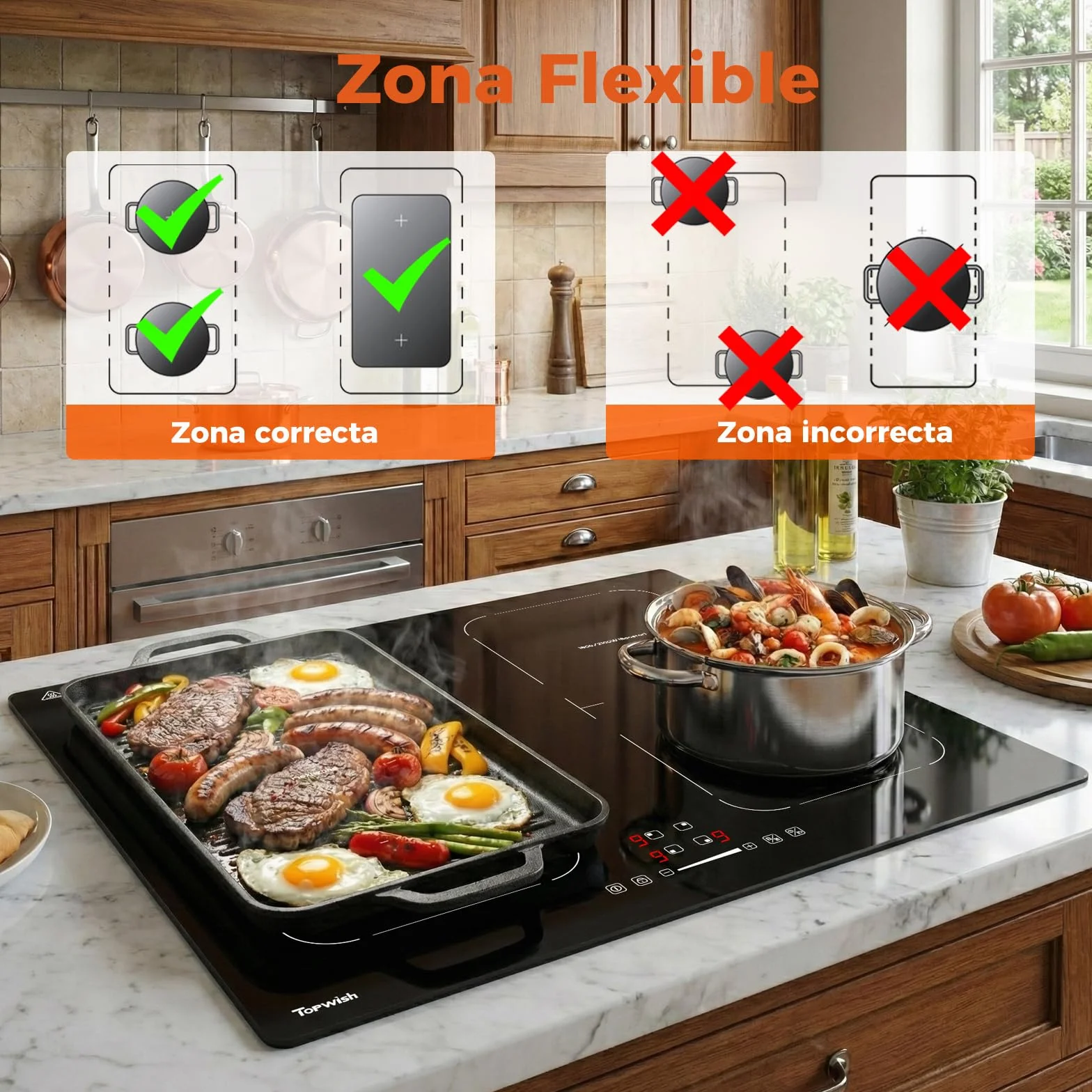 Topwish Plaque Induction 4 Feux 60cm Encastrable 7200W avec Booster 9 Niveaux Minuterie Sécurité Enfant