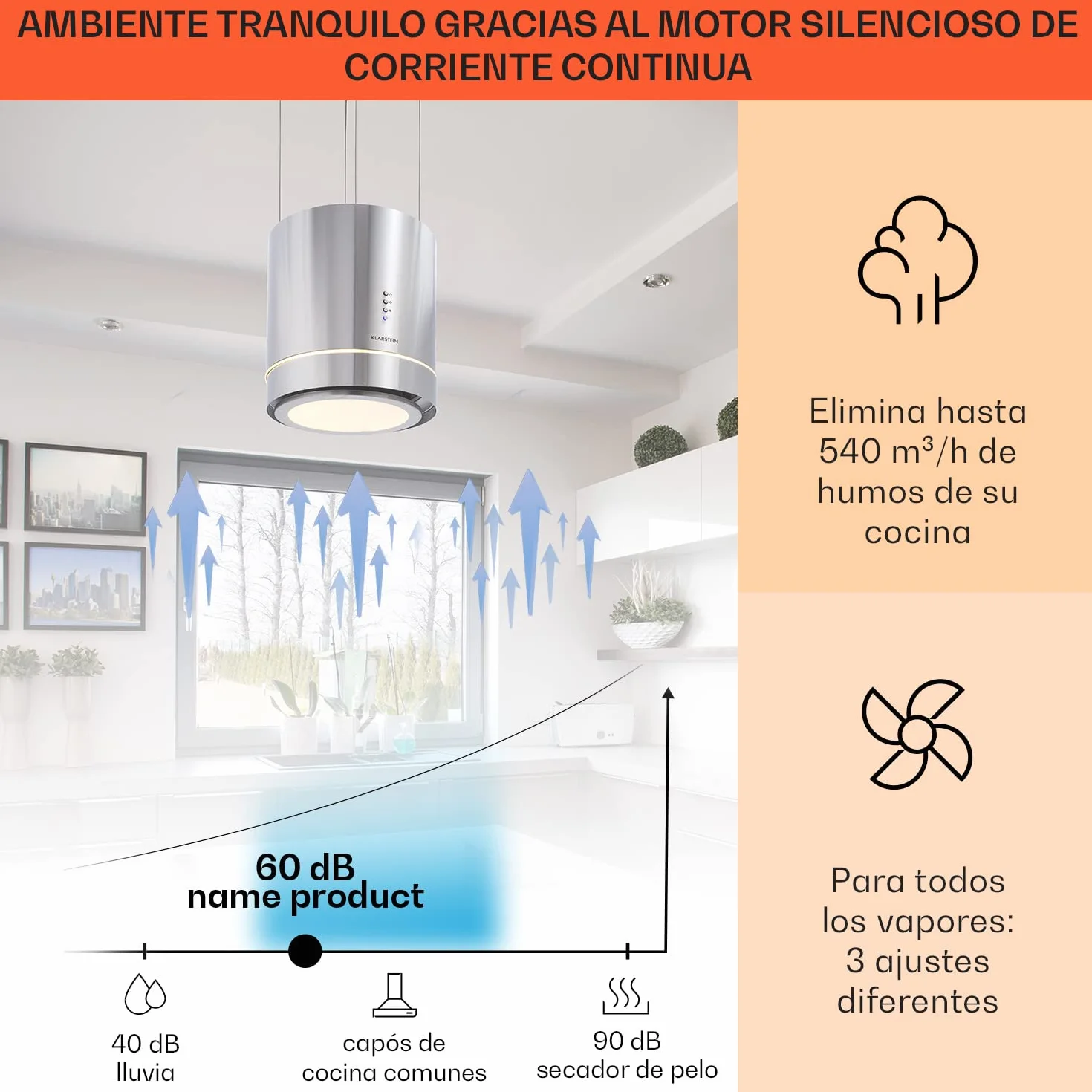 Klarstein Campana Isla Extractor Cocina 540m³/h Temporizador 3 Modos Filtros Carbón Activo