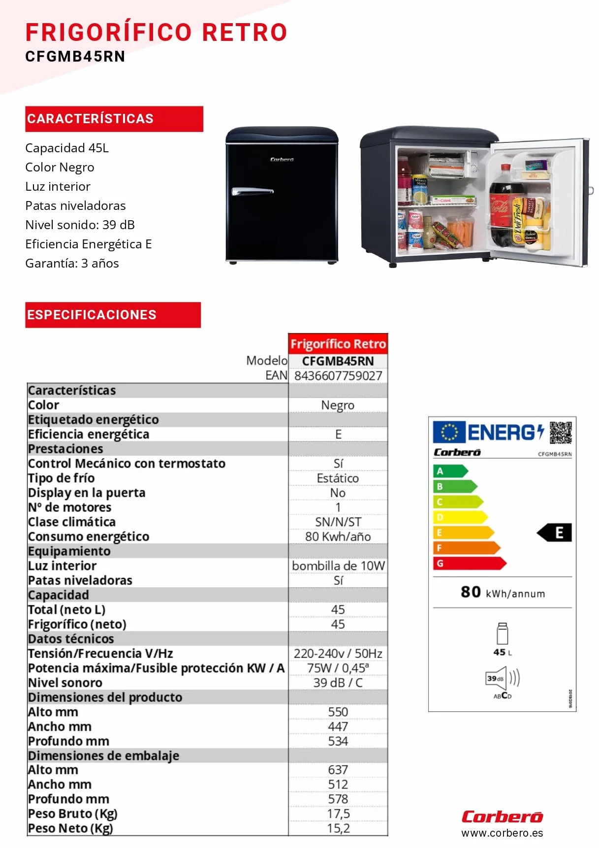 Corberó - Frigorífico Retro Estático | CF1PG45RN | 45L | 55 cm| Luz interior | Patas niveladoras | Negro