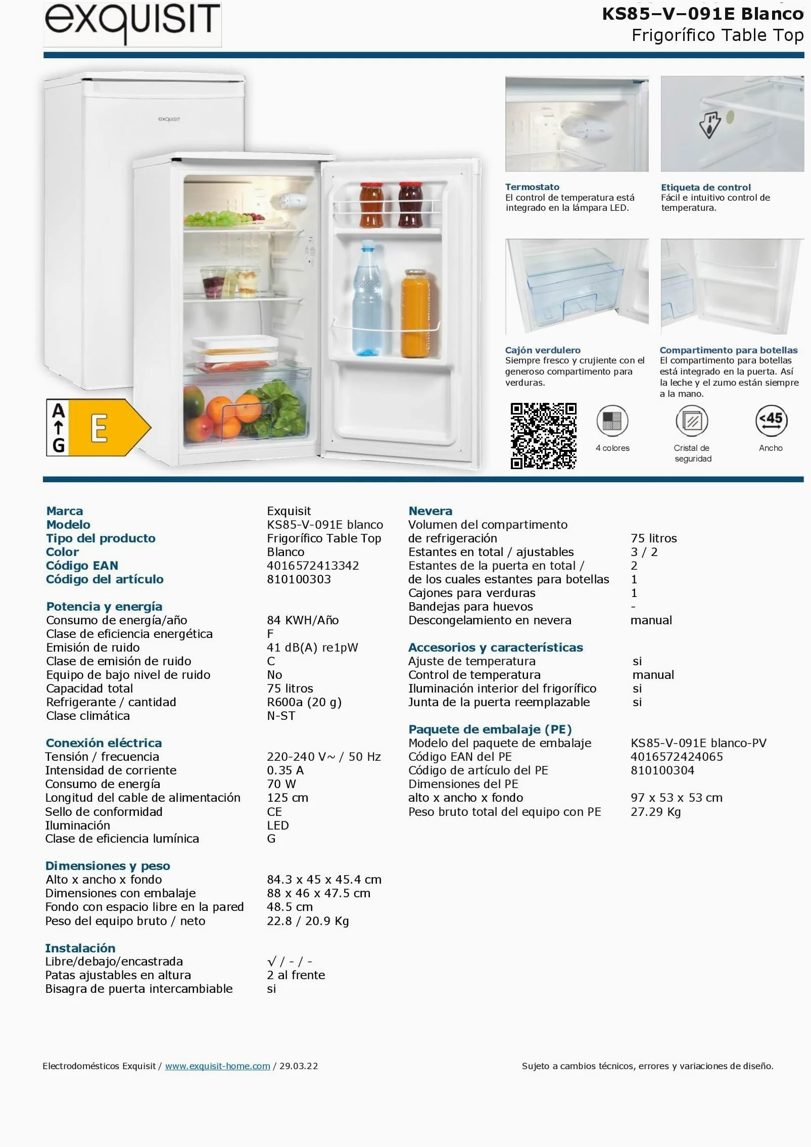 Exquisit® Frigorífico Table Top, 75L, Clase E, Color Blanco, Estantes de Cristal, Puerta Reversible, Tiradores Integrados, Cajón Verdulero, Consumo 84 kWh/año, Medidas 84,3x45x45.4 Cm.