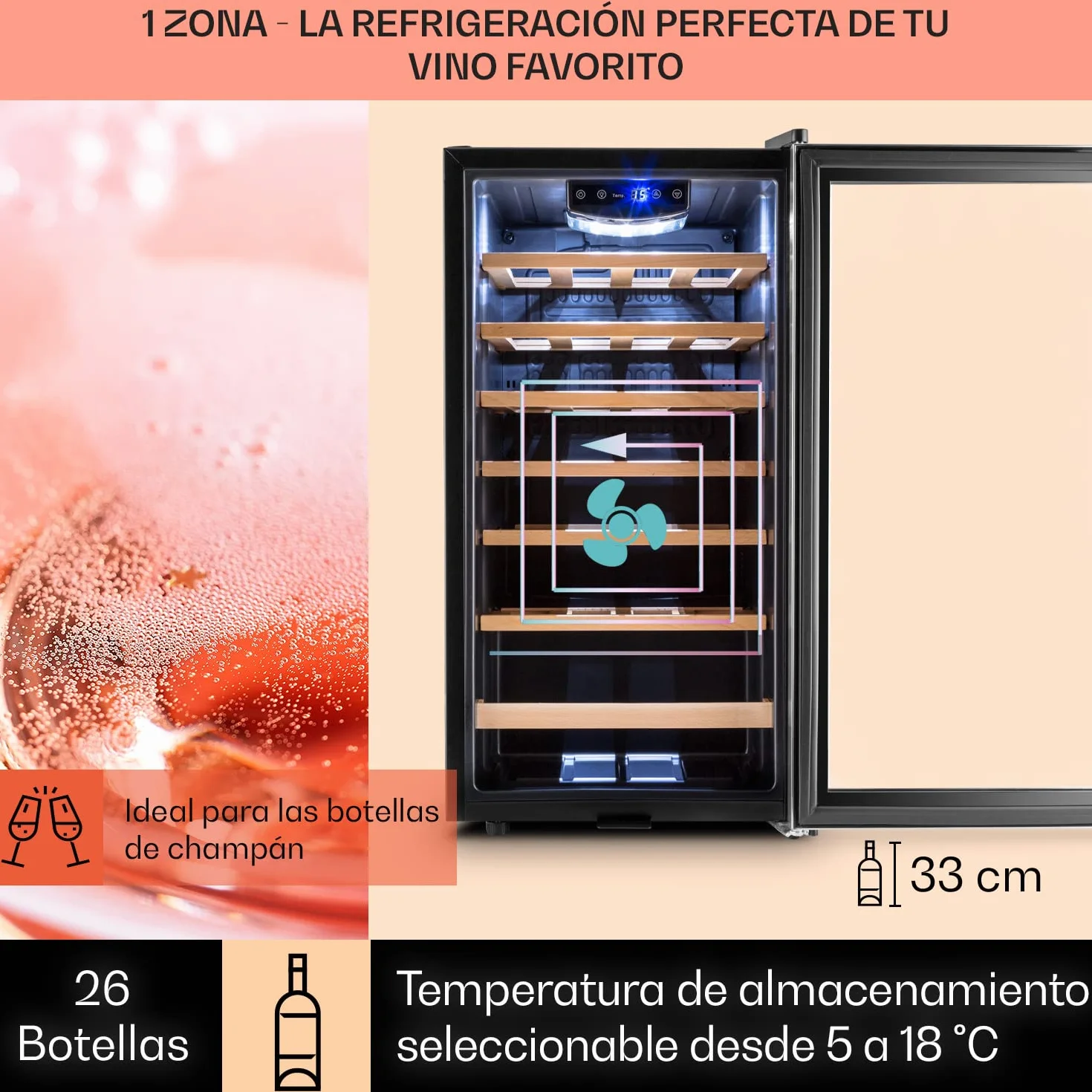 Klarstein Vinoteca 26 Botellas, Nevera Vinos, Una Zona de Refrigeración, Nevera Expositora Vino y Cerveza, Vinoteca Interior y Exterior con Puerta de Cristal, Nevera Vino con Protección UV, 5-18°C