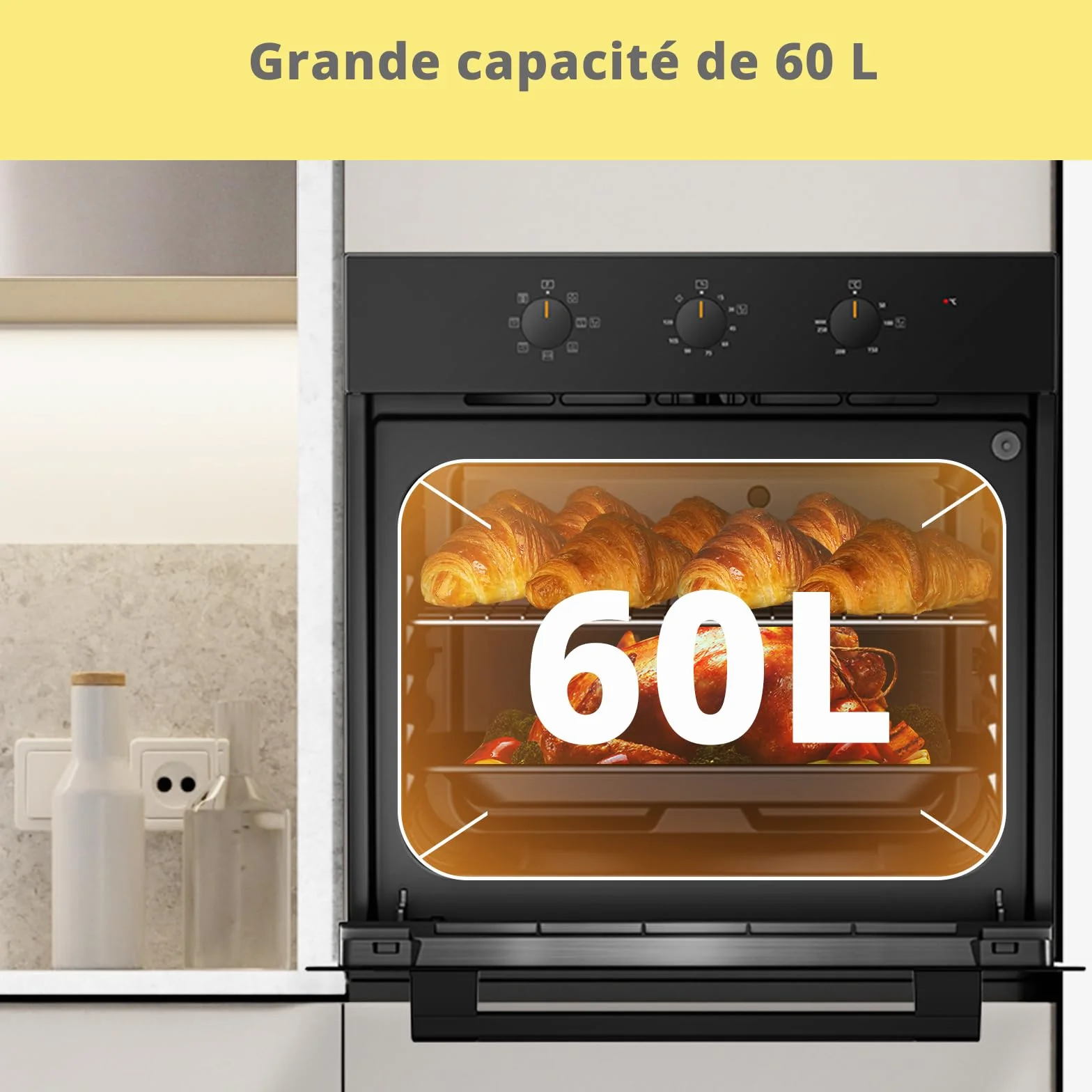 COMFEE' CBO60M80M1-BK Horno empotrable de 60 cm y 60 litros con 8 funciones, freidora de aire, cocción multifase, puerta extraíble, fácil limpieza, limpieza con vapor, color negro