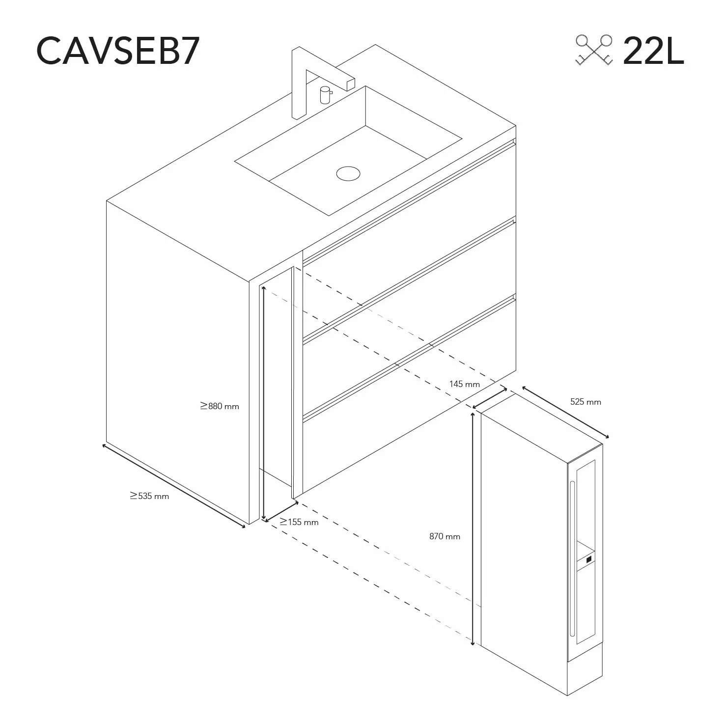 LES PETITS CHAMPS Vinoteca Empotrable 7 Botellas CAVSEB7 Black Edition, 22L, Puertas de Acero Inox, Ajuste de Temperatura de 5°C a 22°C, Sistema Termodinámico, Iluminación LED, Anti-UV, 6 estantes