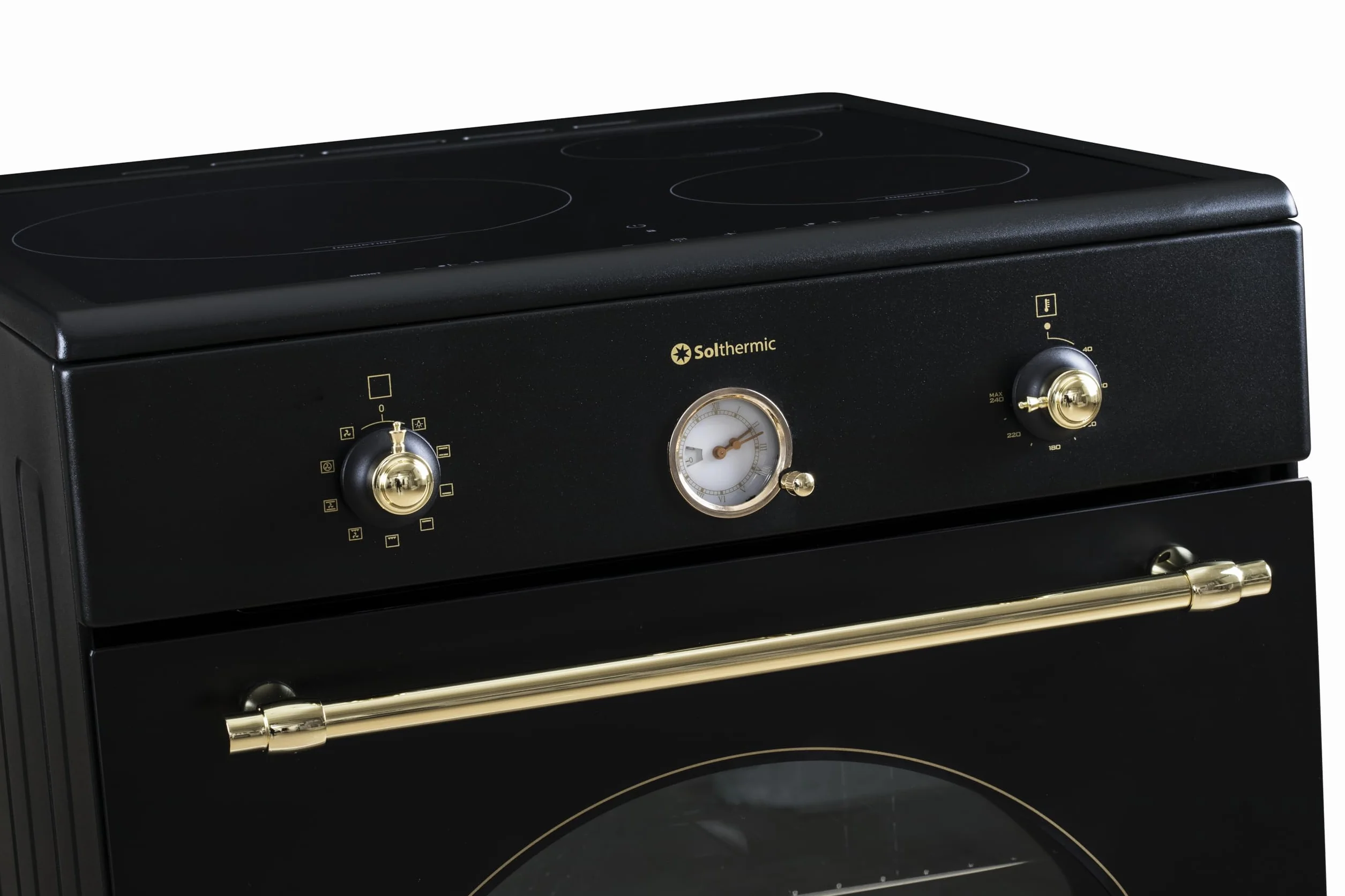 INDUCCION COCINA SOLTHERMIC 60x60 VTI60 NEGRA ACABADOS DORADOS/HORNO GRAN CAPACIDAD CON TURBO 60L / FUNCIONES BOOSTER, ALTA POTENCIA, CALENTAMIENTO RÁPIDO / 3 ZONAS (1 GRAN ZONA) / BAJO CONSUMO (A)