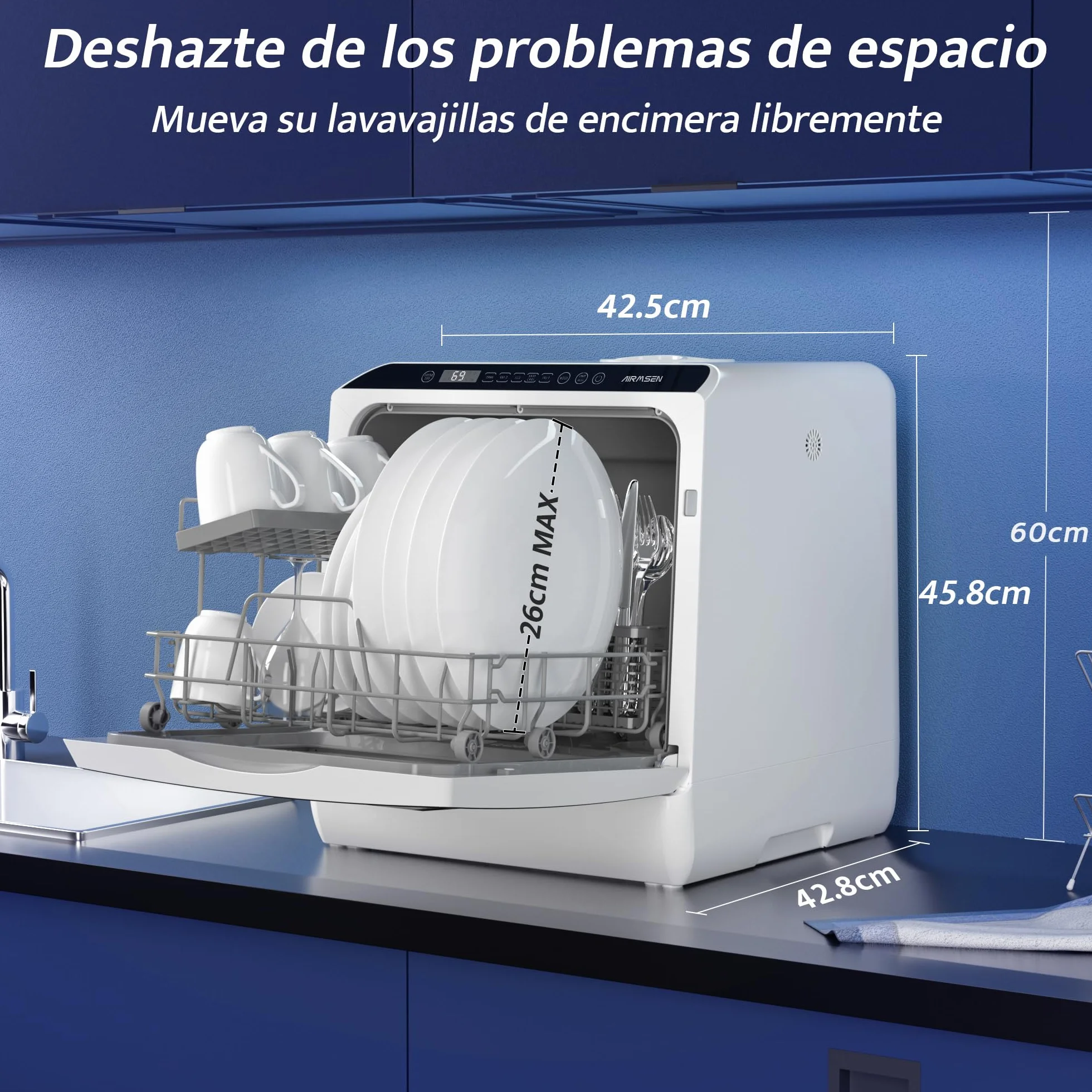 AIRMSEN Mini Lavavajillas de Sobremesa con 5+1 Programas, Depósito de 5 Litros, 2 Formas de Suministro de Agua, Control Táctil y Pantalla LED, Ideal para Cocinas Familiares, Apartamentos y Dormitorios
