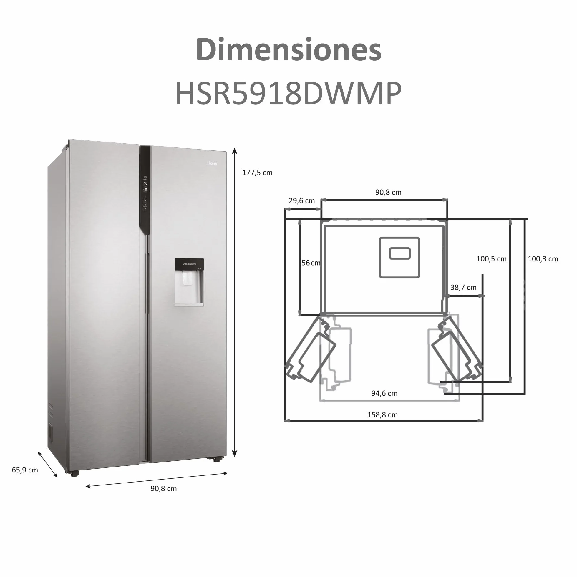 Haier SBS 90 Series 5 HSR5918DWMP - Frigorífico Side by Side, con Dispensador de Agua, Apertura puertas 90 grados, Motor Inverter, Total No Frost, Ancho 90cm, Capacidad XXL 521L, Iluminación LED, Inox