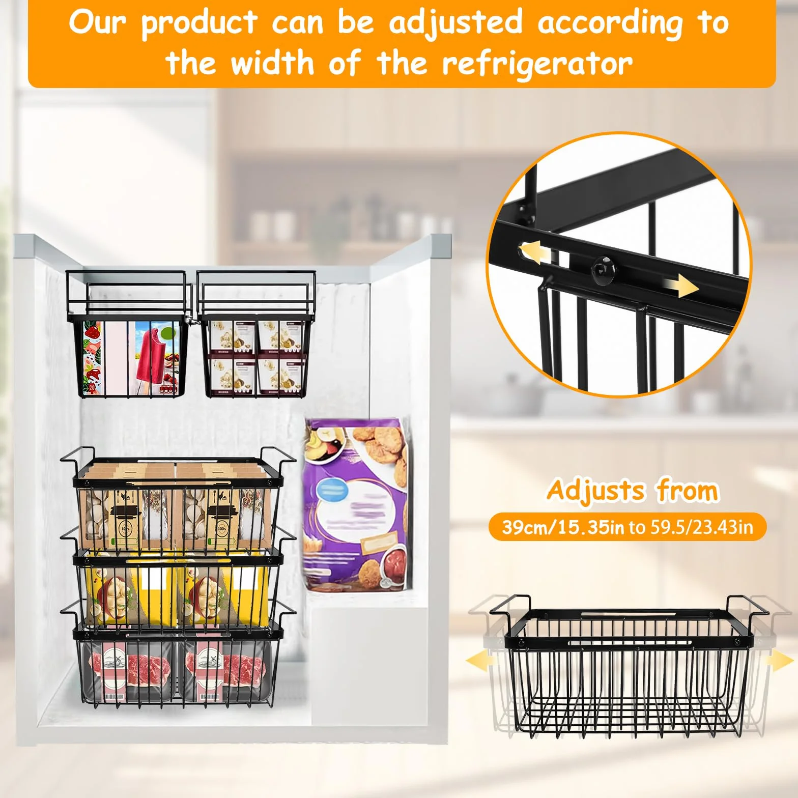 mumisuto 2 Piezas Cesta para Congelador Estirable, Longitud Ajustable de 39 cm a 59,5 cm, Organizadores Arcon Congelador con Asas, Congelador Caja de Almacenamiento, para la Mayoría de Congeladores