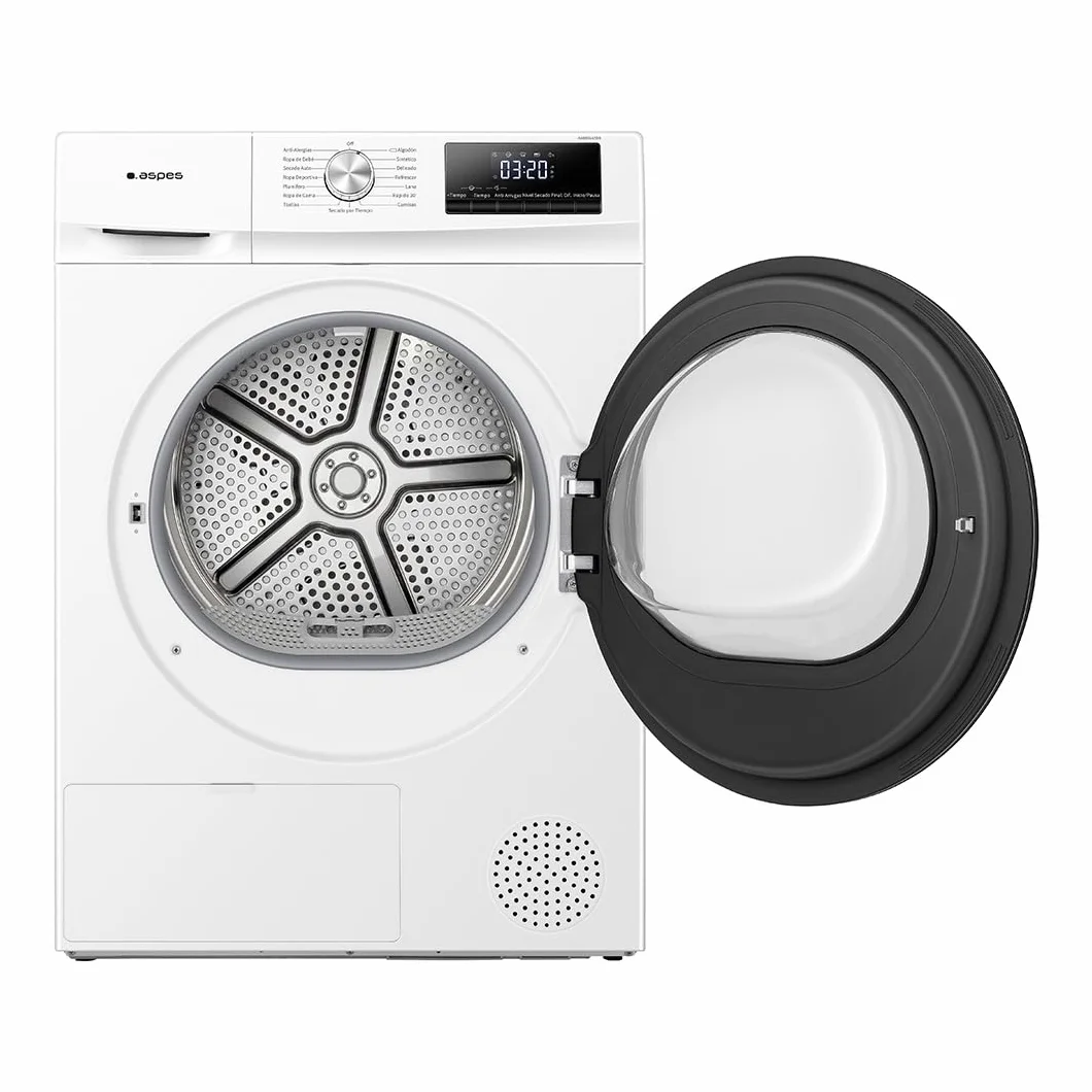 Aspes Secadora Bomba Calor 8Kg, Carga Frontal, Blanco, ASB801A2DB. 650W, 15 Programas, Función Antiarrugas, Función Antiarrugas, Tambor Waterdrop, Display LED manual, Eficiencia Energética Clase A++