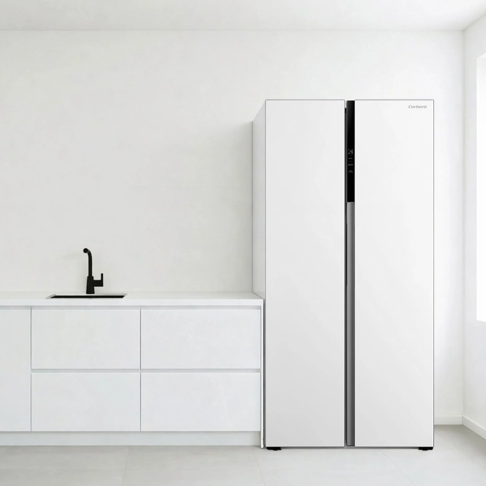 Corberó – Frigorífico Americano | CFSBSM460NFW | 460L | 177.5cm | No Frost | Motor Inverter |41 dB | Display en la puerta | Súper Enfriamiento | Súper Congelación | Blanco