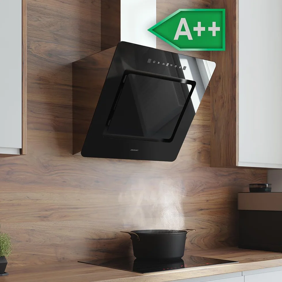 Cecotec Campana Extractora Decorativa 60 cm Bolero Flux DT 608002 Glass Black A++, 210W, Iluminación LED, Succión 800m3/h, Control Táctil, 3 Niveles, Filtro Carbono, Hand Movement, Delay Function
