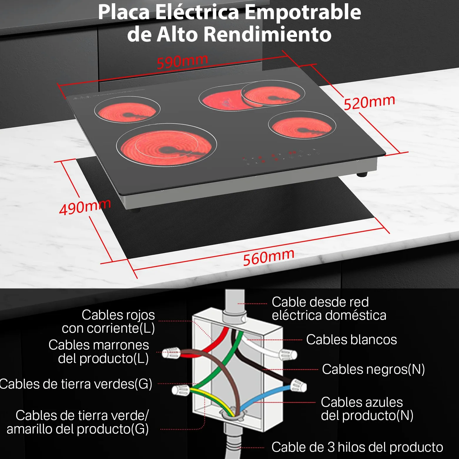 Placa Vitrocerámica 60cm Empotrable 4 Zonas 6700W Dual Ring