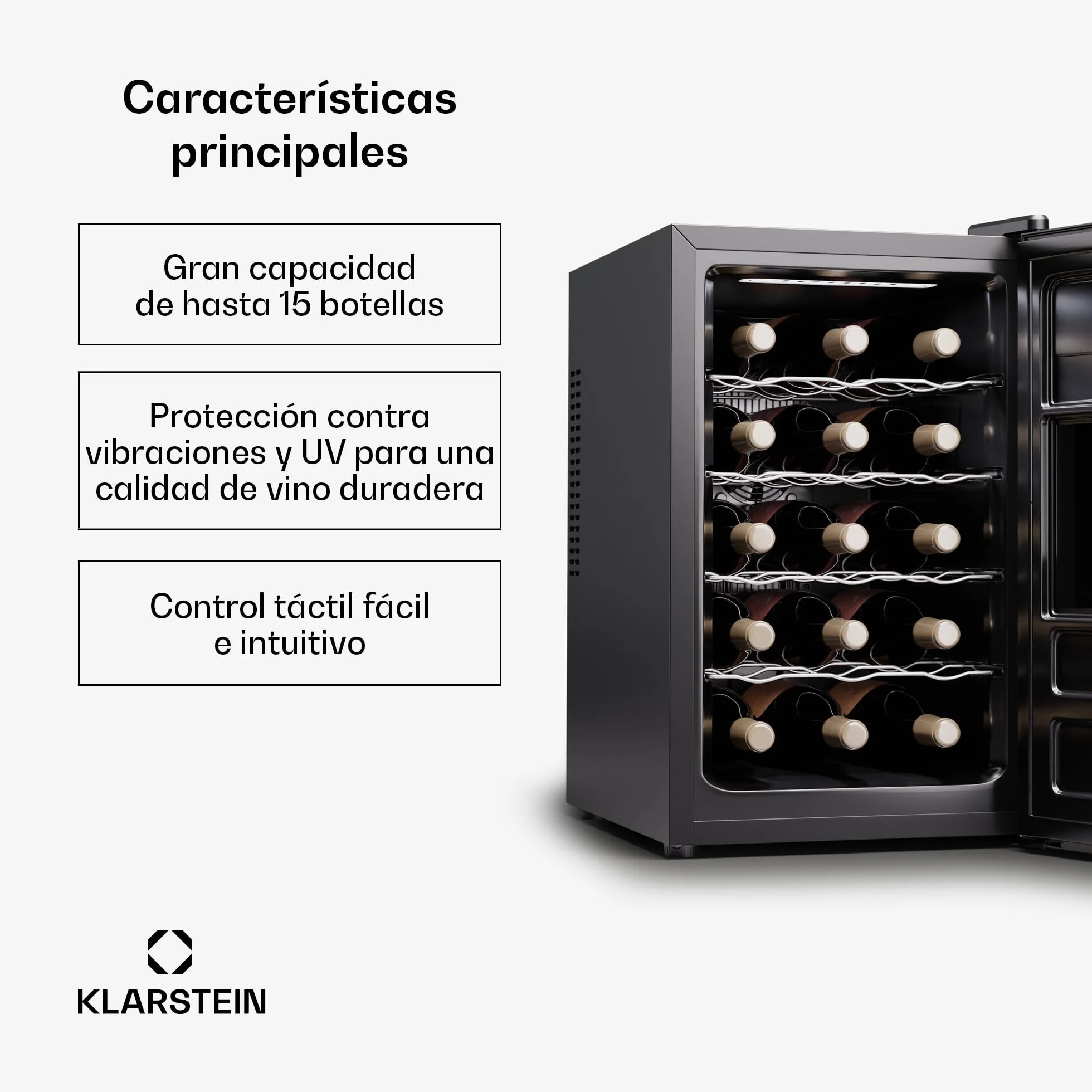 KLARSTEIN Nevera para vino independiente 1 zona, Nevera para bebidas pequeña, Nevera para vino pequeña con puerta de cristal,para botellas interior/exterior, para, 15 botellas