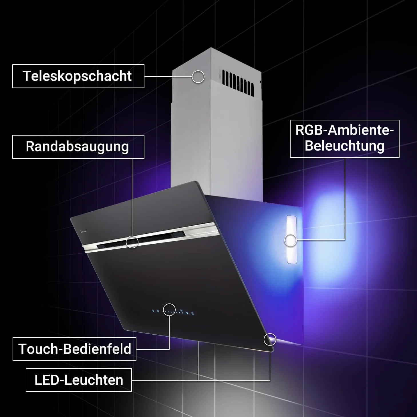 KKT KOLBE A+++ Campana extractora de 90 cm 782 cbm/h de recirculación, sin cabeza, campana de pared, color negro, plata, acero inoxidable, cristal, automática, aplicación WiFi inteligente, sensor