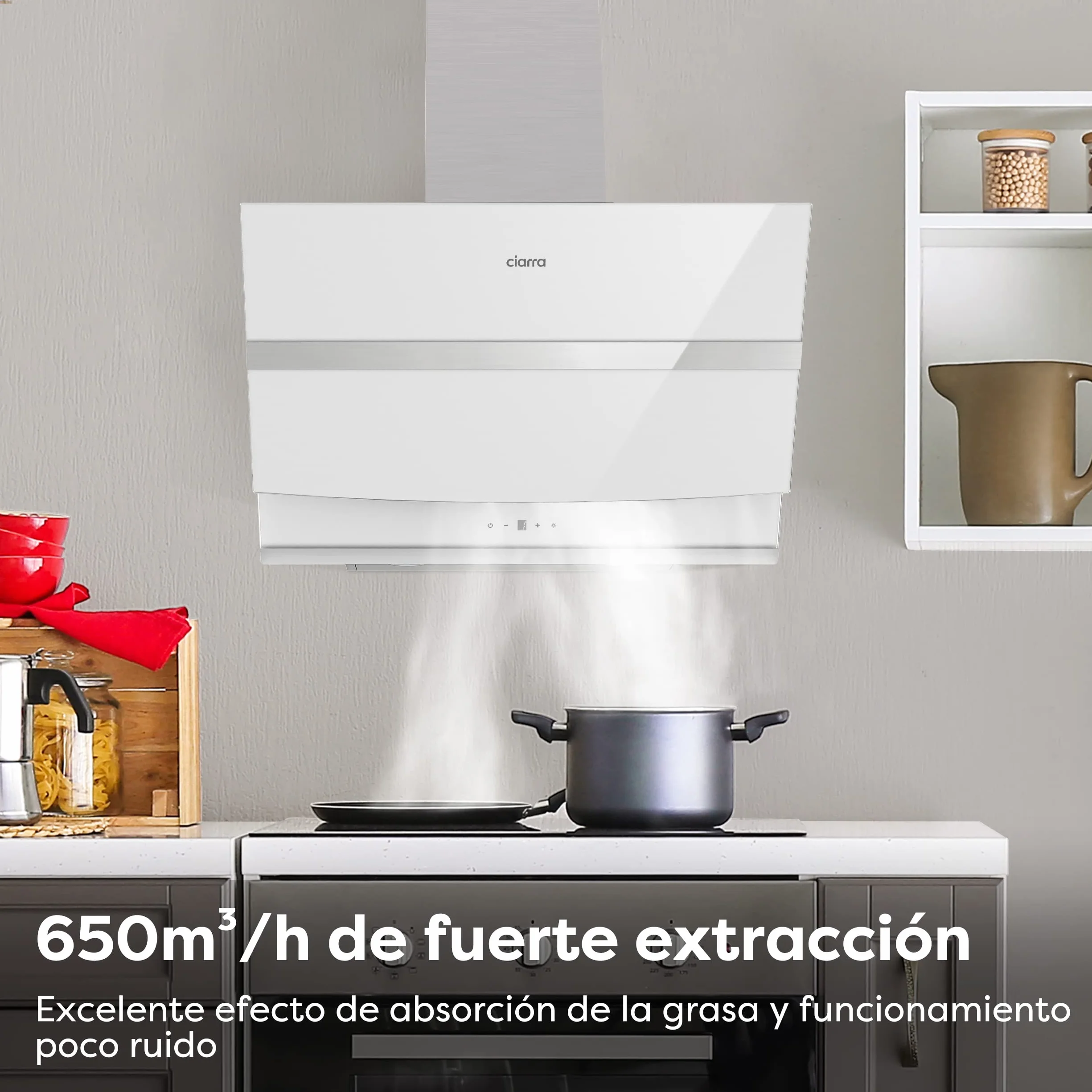 Ciarra ASW6736N Campana Extractora 60cm Clase A+++ 650m³/h Pantalla Táctil 4 Velocidades Recirculación por Filtro de Carbón- Blanco
