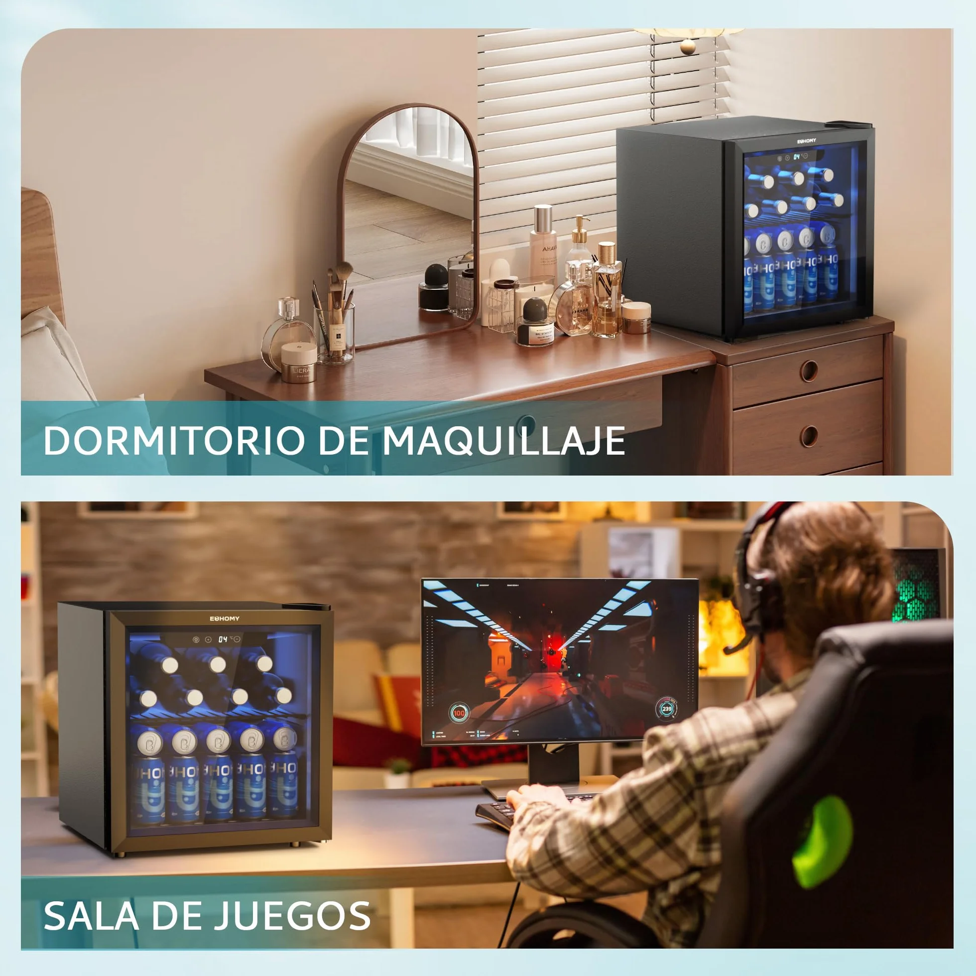 EUHOMY Frigorífico para Bebidas, Mini Frigorifico con Puerta de Cristal, Nevera Pequeña, Refrigerador de Sobremesa para 55 Latas, Mini Fridge para Oficina, 36 Litros, Mini Nevera de Bajo Ruido, Negro