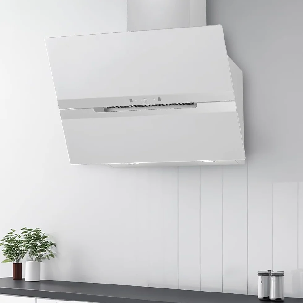 Hyundai Campana Extractora Inclinada 60cm, Cristal blanco, HCDE60DCW00. Potencia 831m3/h, 3 Velocidades, 2 Filtros, 64 dB Nivel Sonoro, Control Táctil, Filtros aptos para Lavavajillas