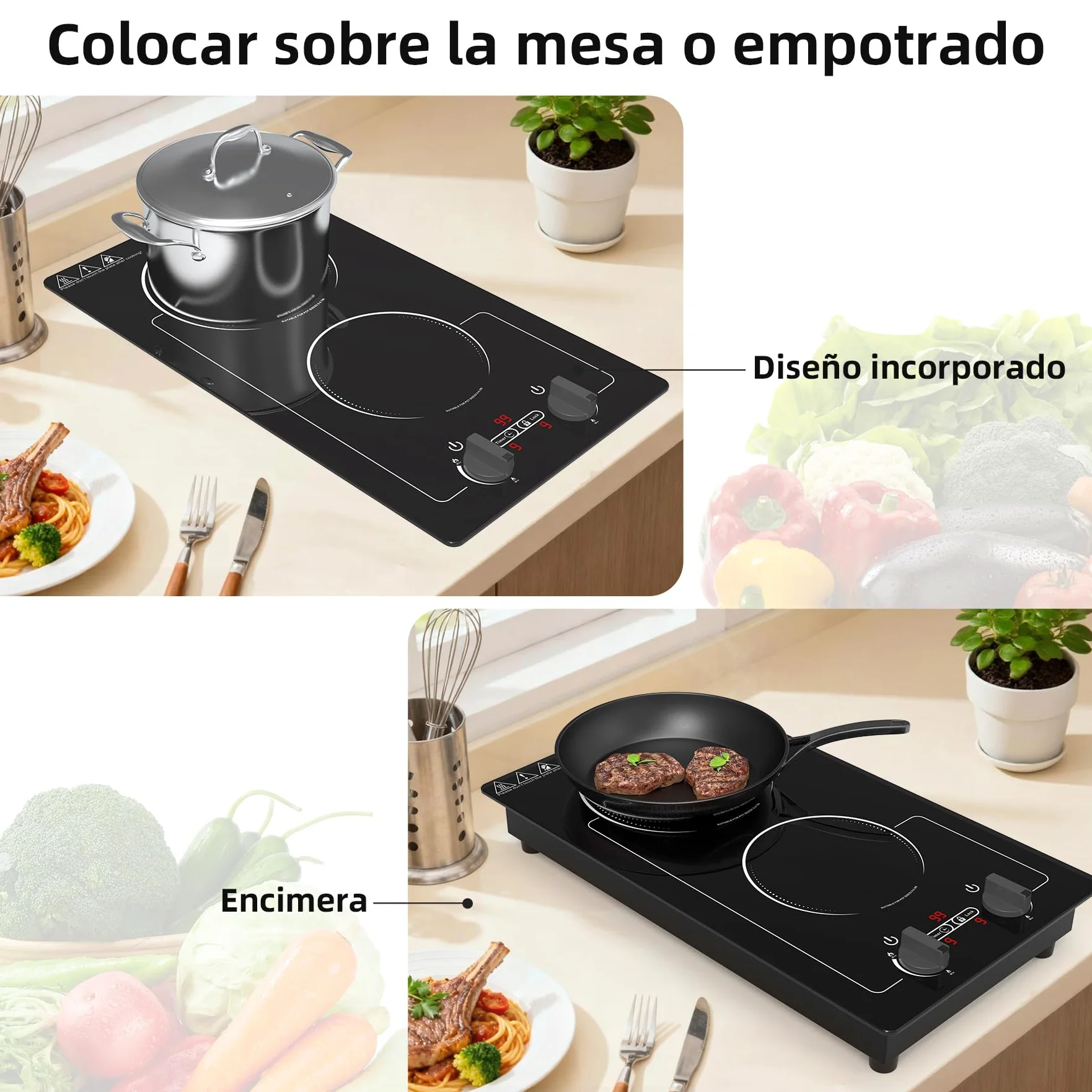 VBGK induccion 2 fuegos,220V 3000W placa induccion 2 fuegos con pantalla táctil LED, 10 niveles de potencia, bloqueo infantil y temporizador, protección contra sobrecalentamiento
