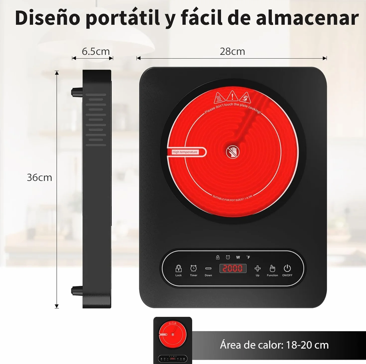 Placa Vitrocerámica Portátil 2000W 10 Niveles Temporizador 220V~240V Bloqueo Seguridad Controles Táctiles