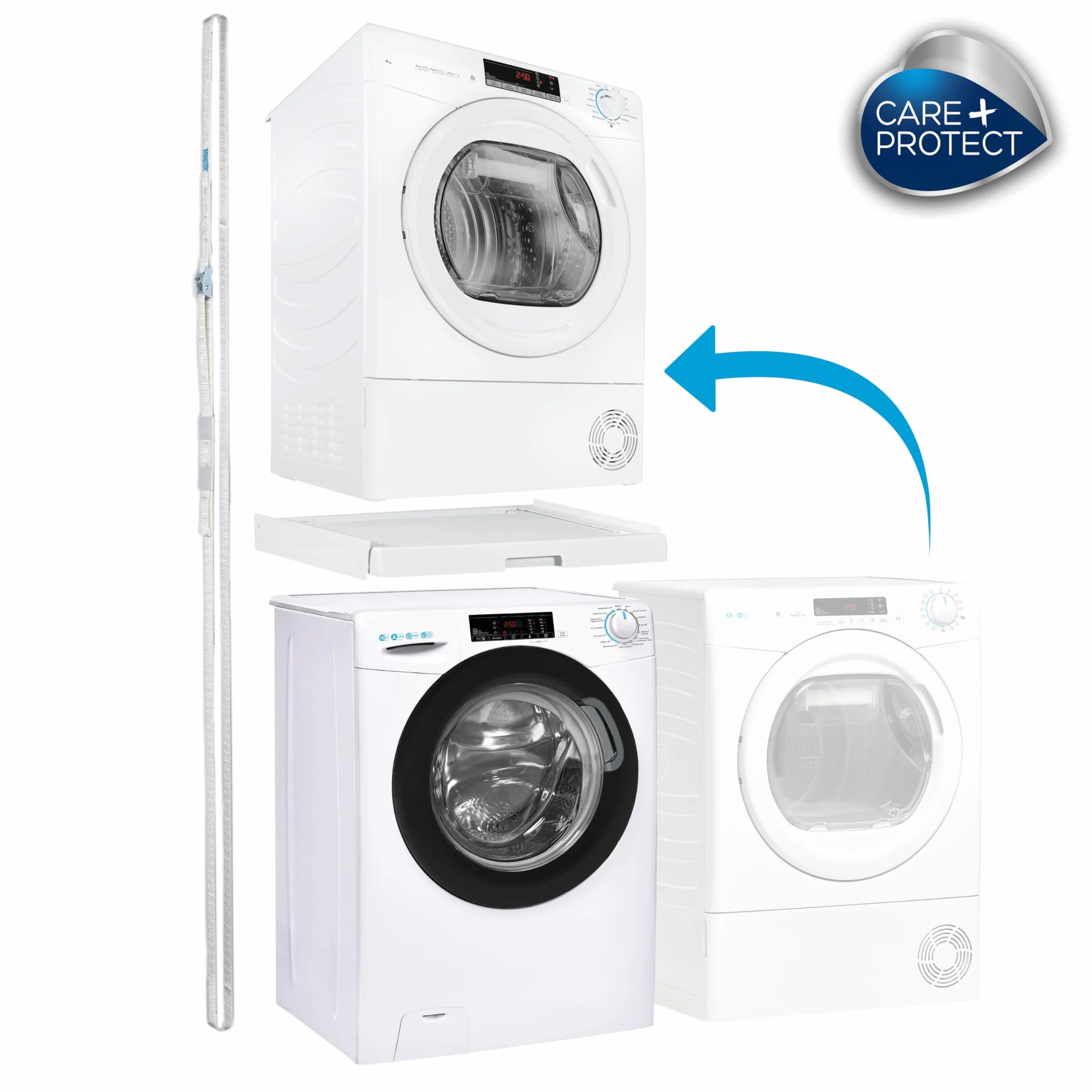 C+P Kit de Unión Universal con Estante Deslizable para Lavadoras y Secadoras, Apto para Lavadoras con Profundidad de 47-62 cm, Fácil de Instalar, Blanco, Lavadoras con Panel Recto