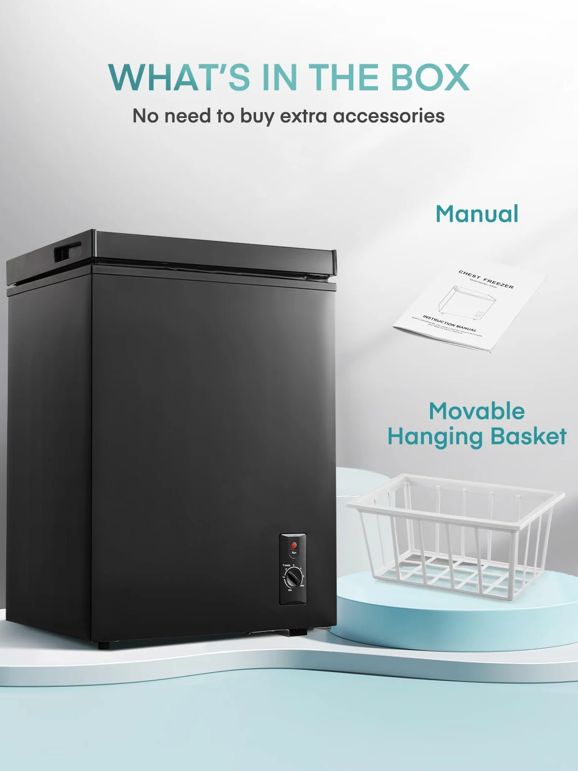 FOHERE Congelador Horizontal, Capacidad 70L, Alto 72.5 cm, Cesta con Asa, Silencioso 45 dBA, 6 Ajustes de Temperatura, Negro