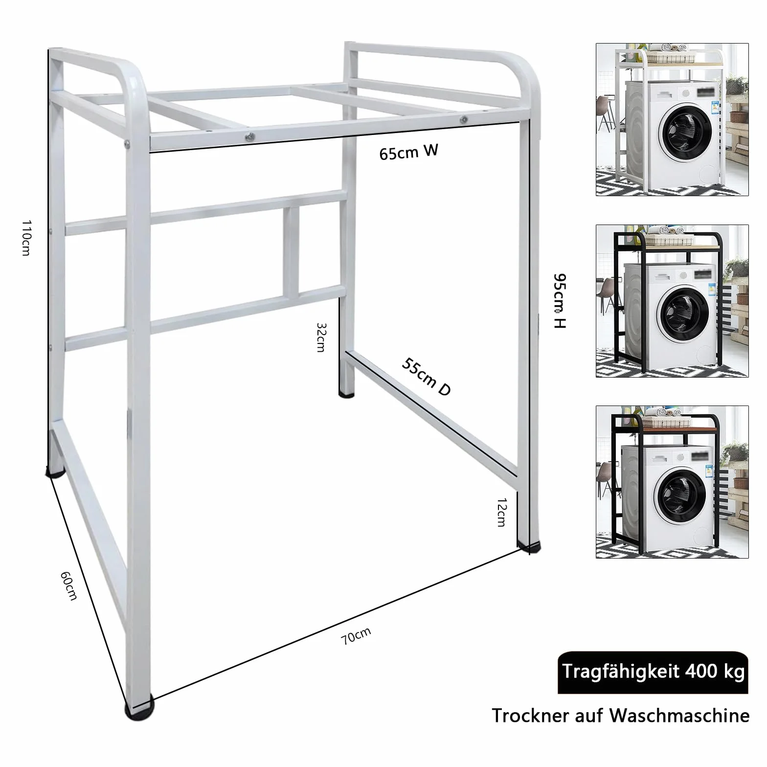 Mueble Lavadora Secadora Ajustable en Altura, Metálico Soportes para lavadoras-secadoras Carga 400kg, Estanterías para baño para Lavadora para balcón/lavadero (BlackTeak, H: 90cm/95cm/100cm)