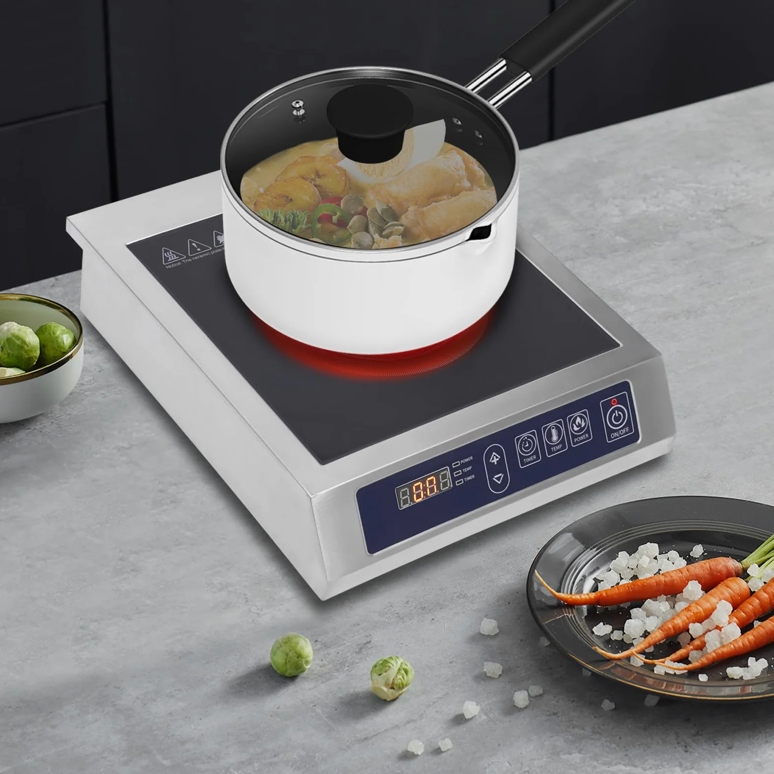 Placa de inducción de 3500 W, placa de inducción individual, placa de inducción, encimera con engranaje de 10 temperaturas, placa de cocina profesional de acero inoxidable con control táctil