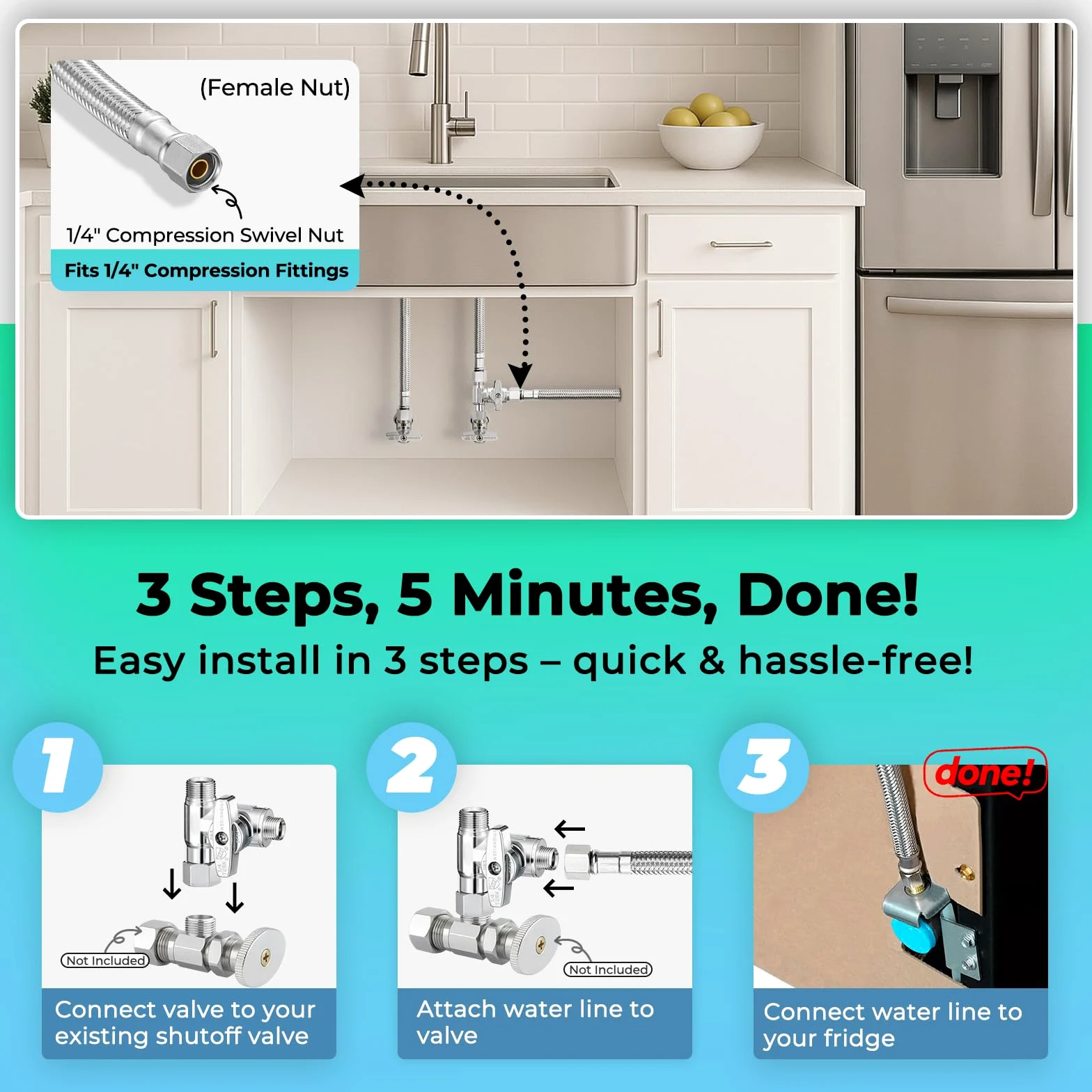 Kit de línea de agua para máquina de hielo para refrigerador, línea de agua trenzada de acero inoxidable de 25 pies con accesorios de compresión de 1/4 pulgadas, núcleo de tubo Pex y divisor de agua