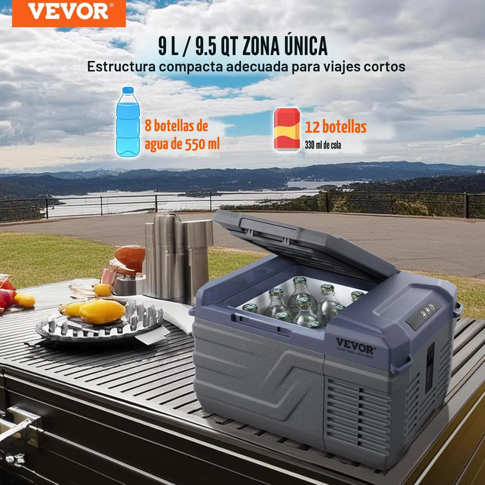 VEVOR Nevera de Compresión Portátil 9 L Mini Nevera para Coche 12/24V DC y 100-240V AC Caja Enfriadora de Zona Única Temperatura Ajustable de -20°C a 20°C para Camión Barco Casa Camping