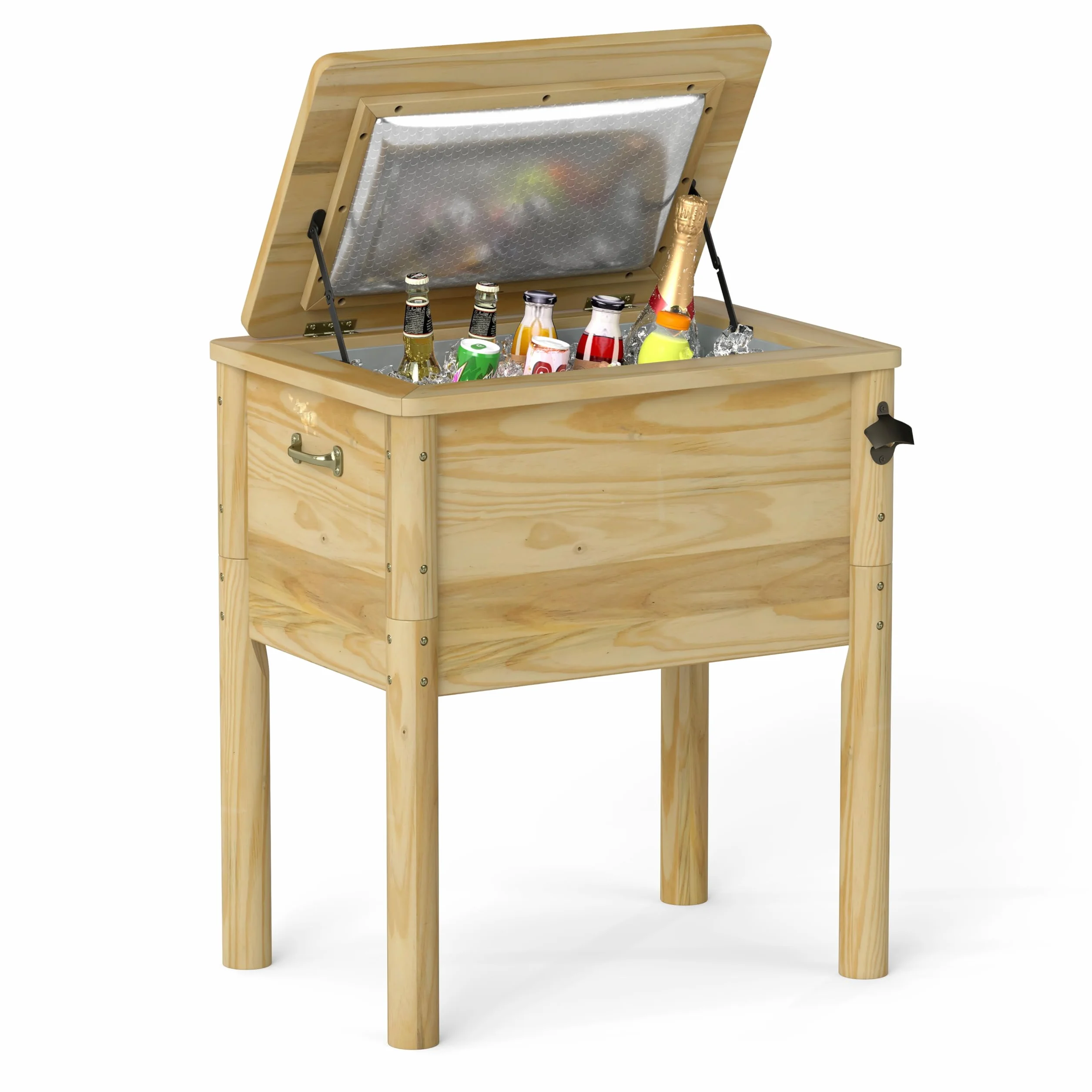 GOPLUS Nevera de Madera para Patio, Refrigerador de Bebidas de 51 L con Asas y Abridor de Botellas, Nevera de Hielo al Aire Libre para Fiesta, Patio, Junto a la Piscina y Barbacoa, Marrón Rústico