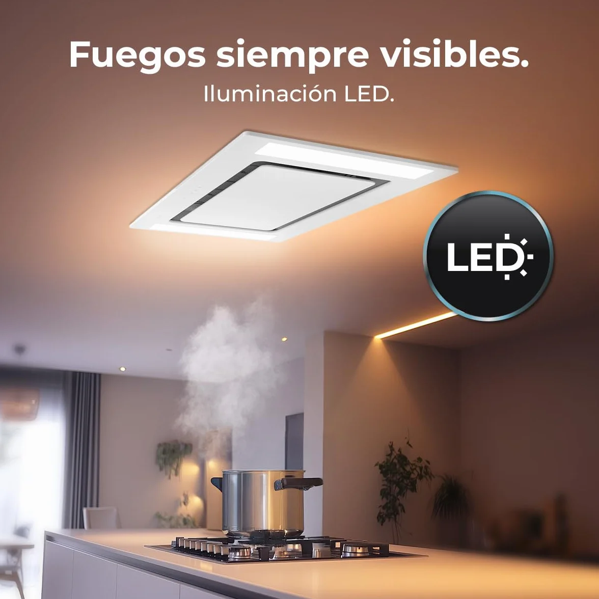 Cecotec Campana Extractora 90 Cm Integrable De Techo Bolero Flux Tir 908000 Glass White A++ Succión 800M3/H Control Remoto Filtro Carbono Booster