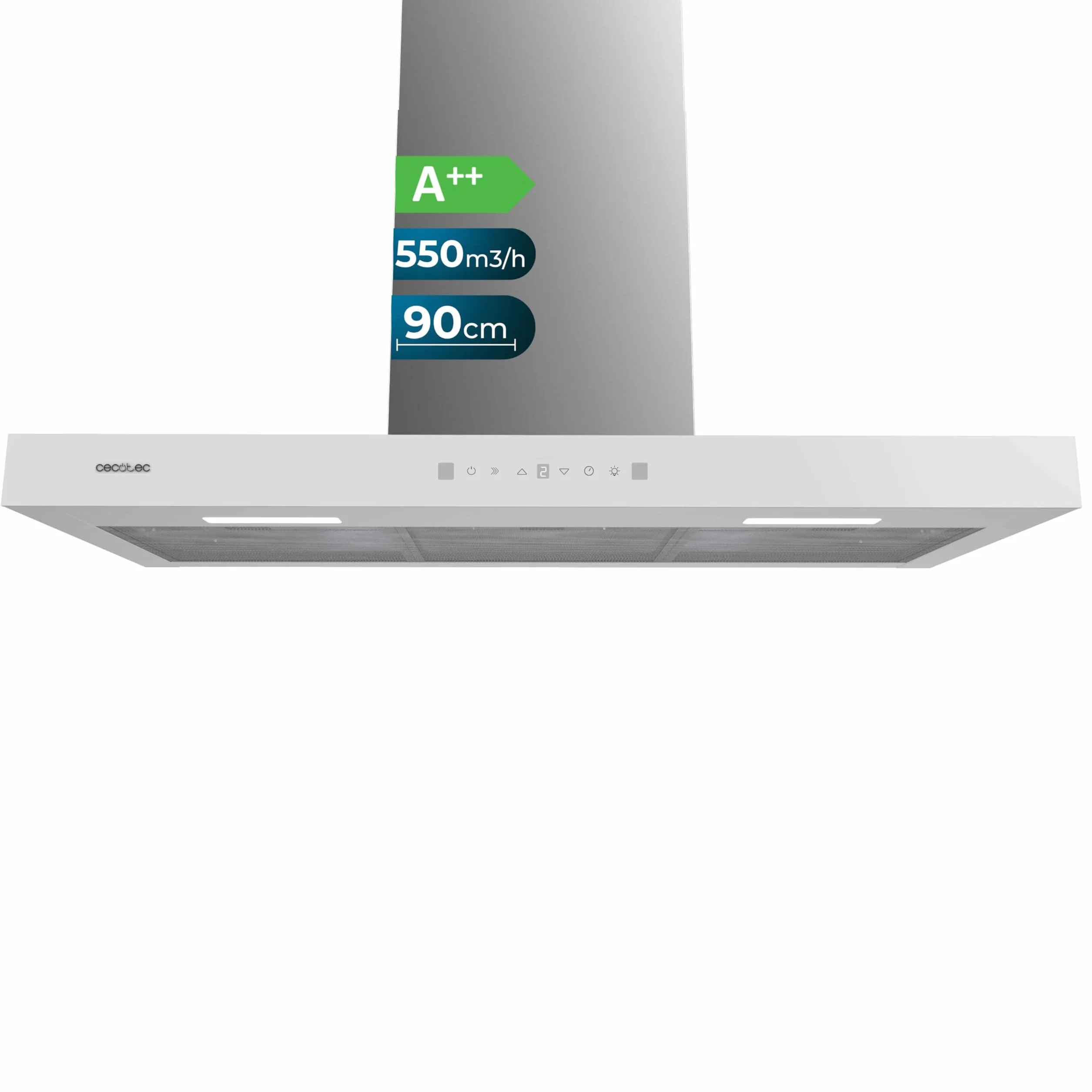 Cecotec Campana Extractora 90 cm Bolero Flux TT 905500 Glass White A++ 70W 550m³/h Control Táctil LED