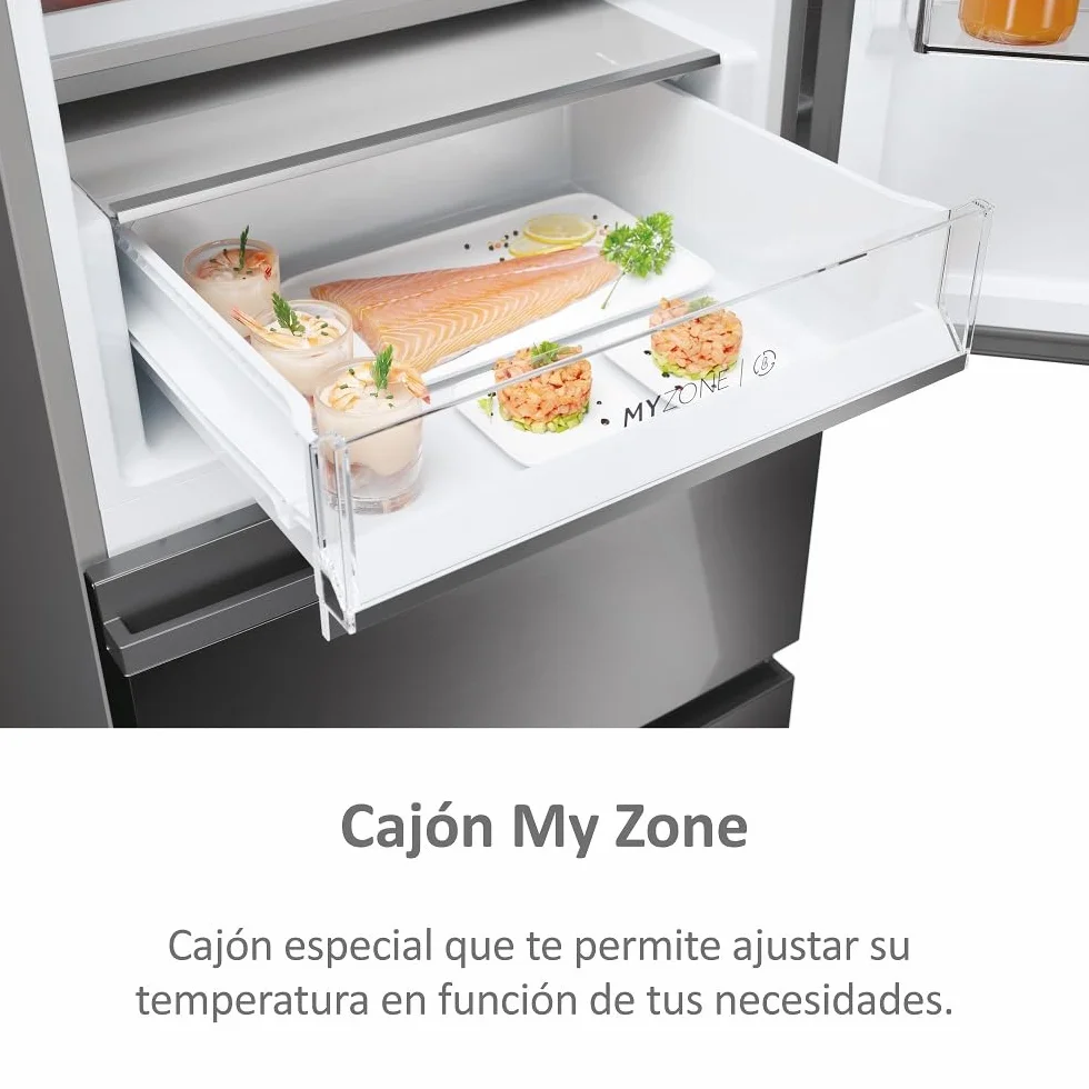 Haier 3D 60 Series 5 HTW5620CNMP - Frigorífico Combi, Cajones Direct Access, WIFI, Botellero, Motor Inverter, My Zone Pro, Humidity Zone, Total No Frost, AnxAl 59,5x205cm, 414L, Luz LED, Inox oscuro