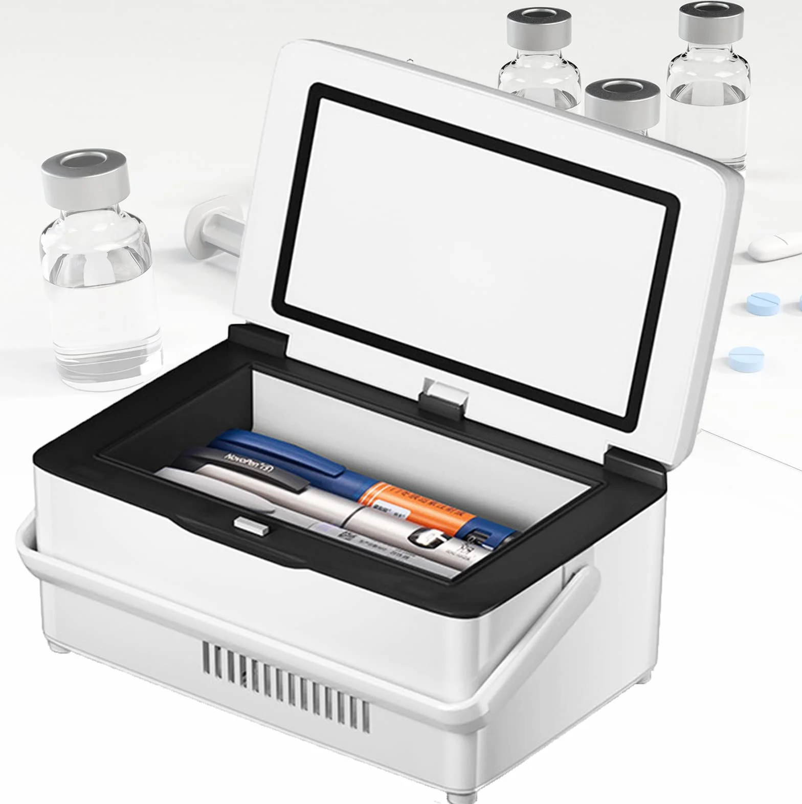Nevera portátil para insulina, Temperatura Constante 0-18℃ Mini Nevera para medicamentos, Tiempo de Trabajo Largo de 8 Horas, Mini Nevera para medicamentos con Pantalla LCD y 2 baterías