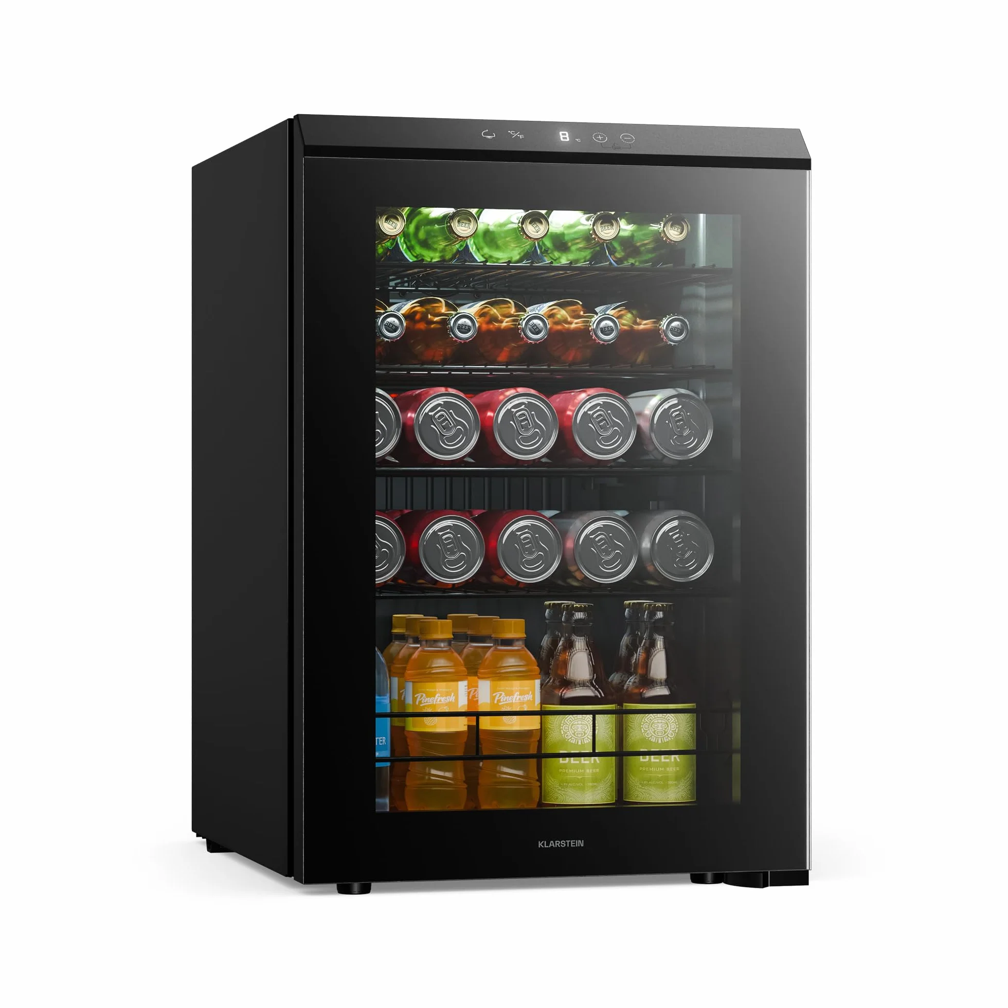 KLARSTEIN Nevera para bebidas Bevora 62 L – Nevera para bebidas con puerta de cristal, control táctil, iluminación LED, temperatura ajustable de 1 a 12 °C, 2 estantes