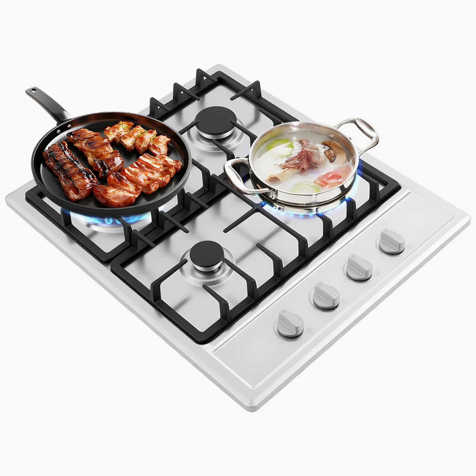 Cocina de gas de 4 fuegos, acero inoxidable, empotrable, gas natural/propano, eficiente y de bajo consumo, 7500 W, 4 zonas de cocción (3000 W + 1750 W + 1750 W + 1000 W), 4 zonas de cocina de