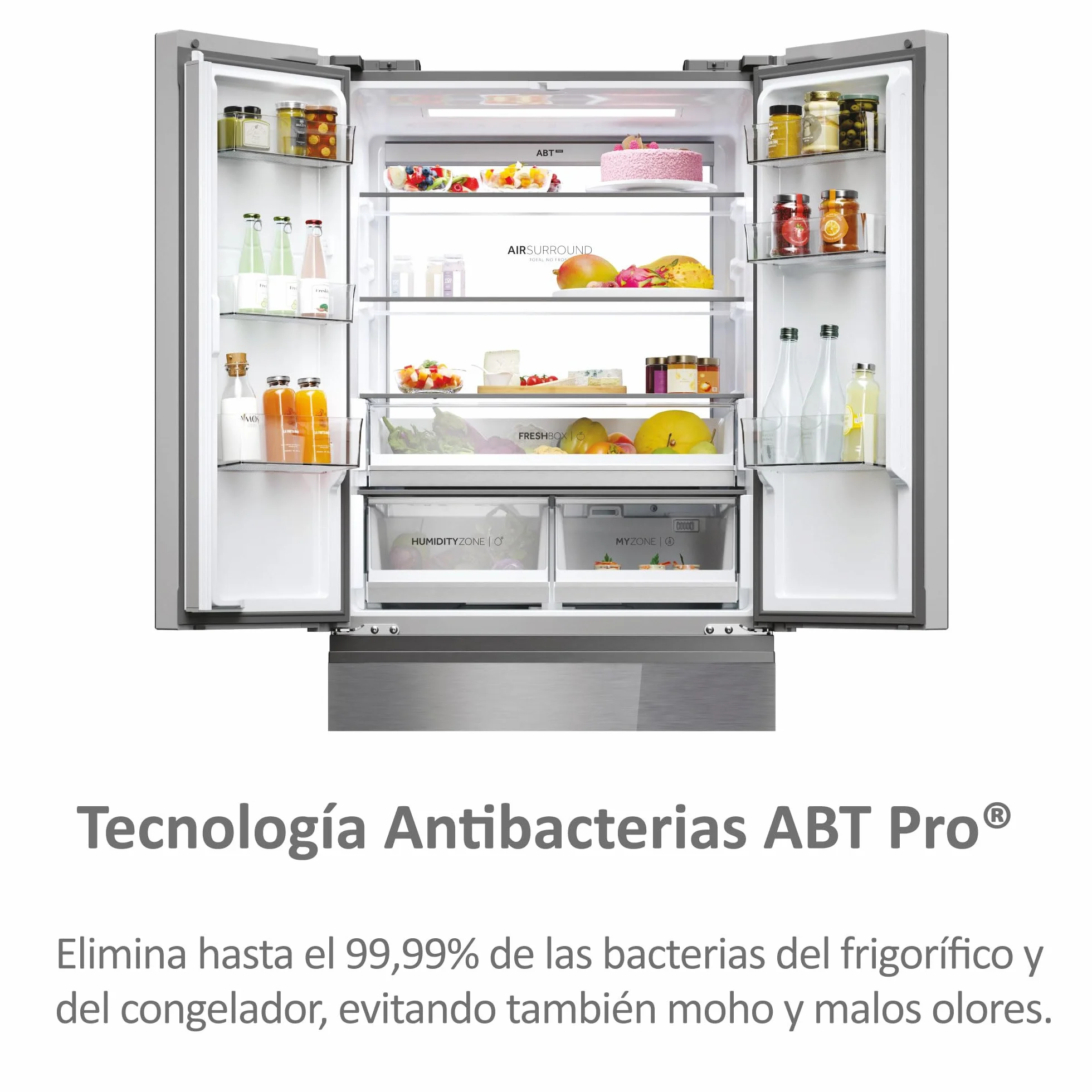 Haier FD 83 Series 7 HFR7819ENGC - Frigorífico Puerta Francesa, 504L, Cajones Direct Access, AirFlow, WIFI, Motor Inverter, Humidity Zone, Total No Frost, Ancho 83cm, Daylight, Glass Inox Look