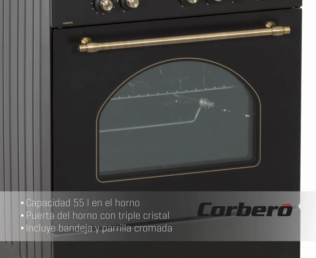 Corberó - Cocina de Gas Butano Excellence 60cm | CCSF6022NR | 4 Fuegos | Horno 55L con puerta triple cristal| Función Ruste pollos | Tapa Fogones Cristal| Wok con Quemado| Negro Rústica